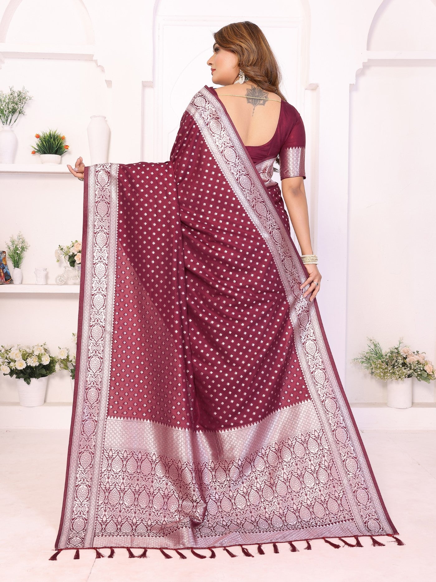 Wine Georgette Silk Saree With Classic Zari Weaving