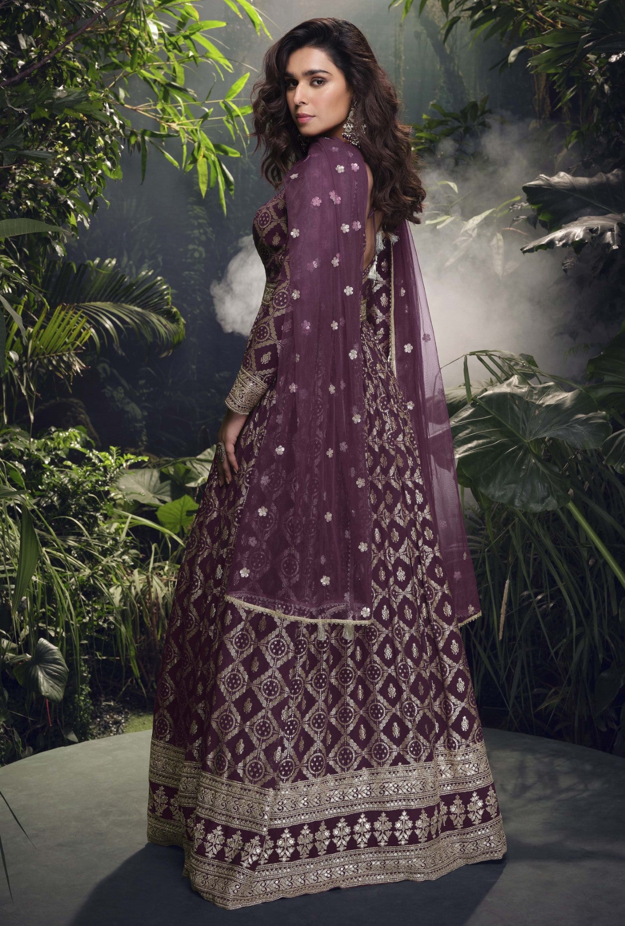 Wine Jacquard Silk Suit Set With Thread Embroidery