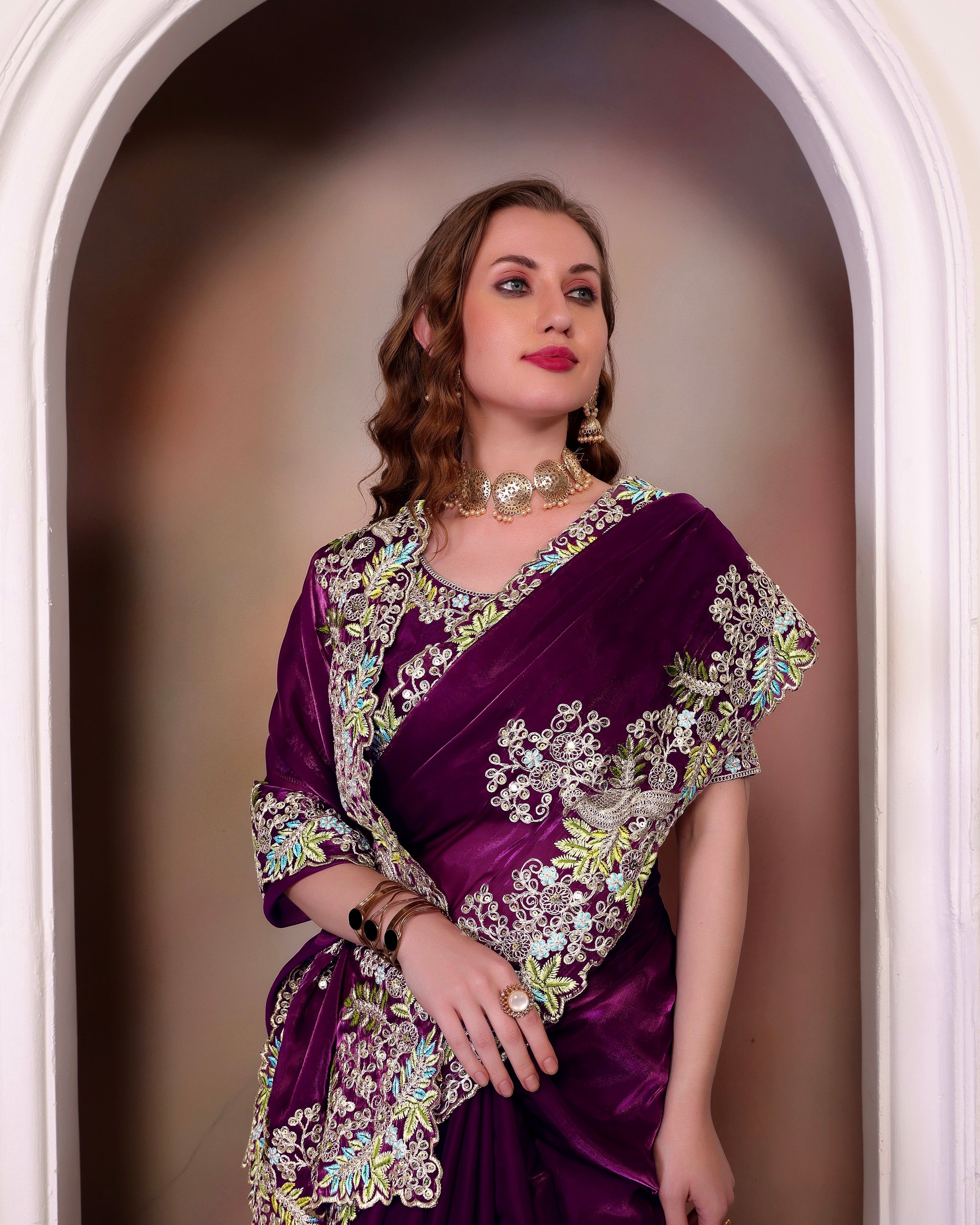 Wine Jimmy Choo Heavy Sequins Work Partywear Saree