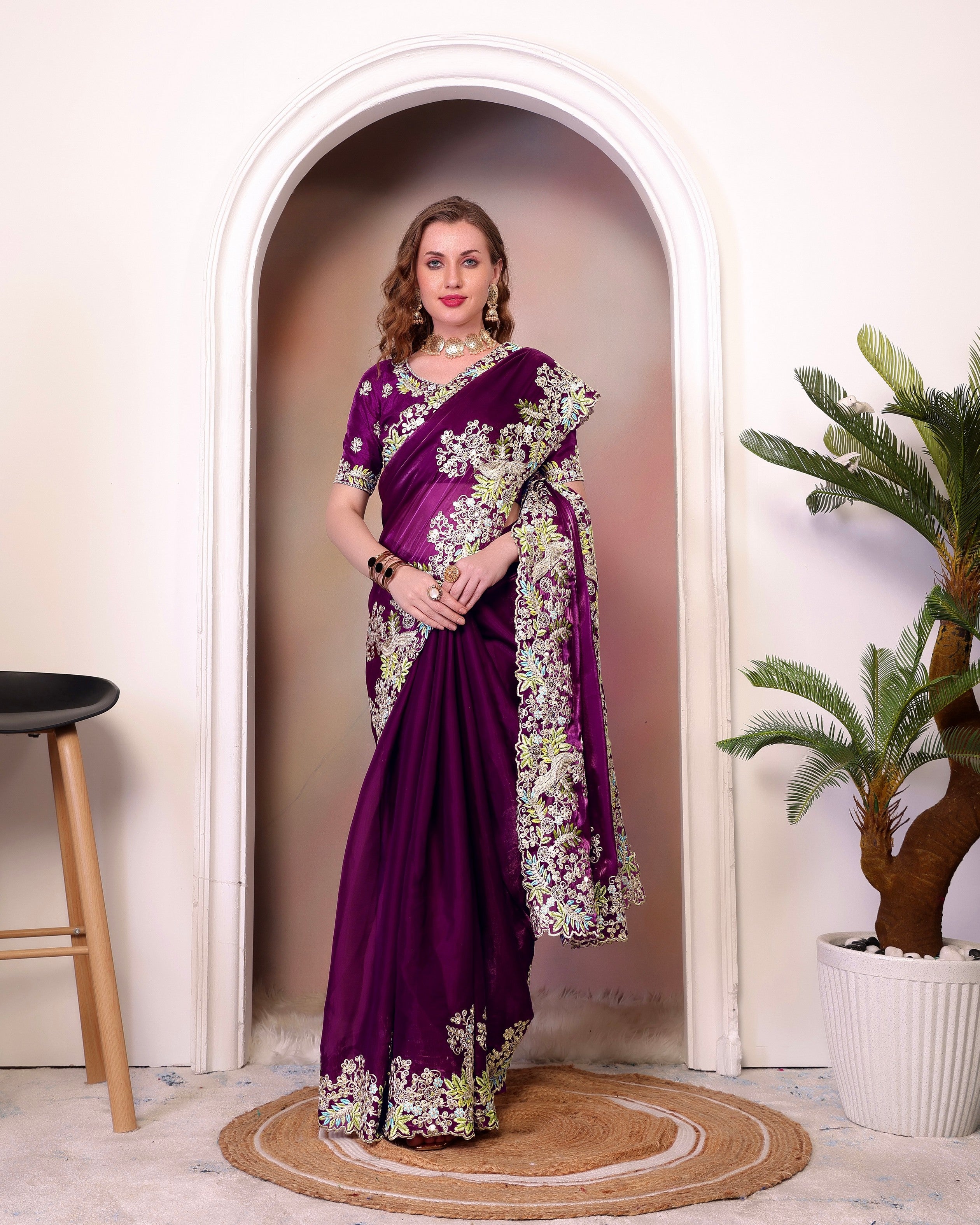 Wine Jimmy Choo Heavy Sequins Work Partywear Saree