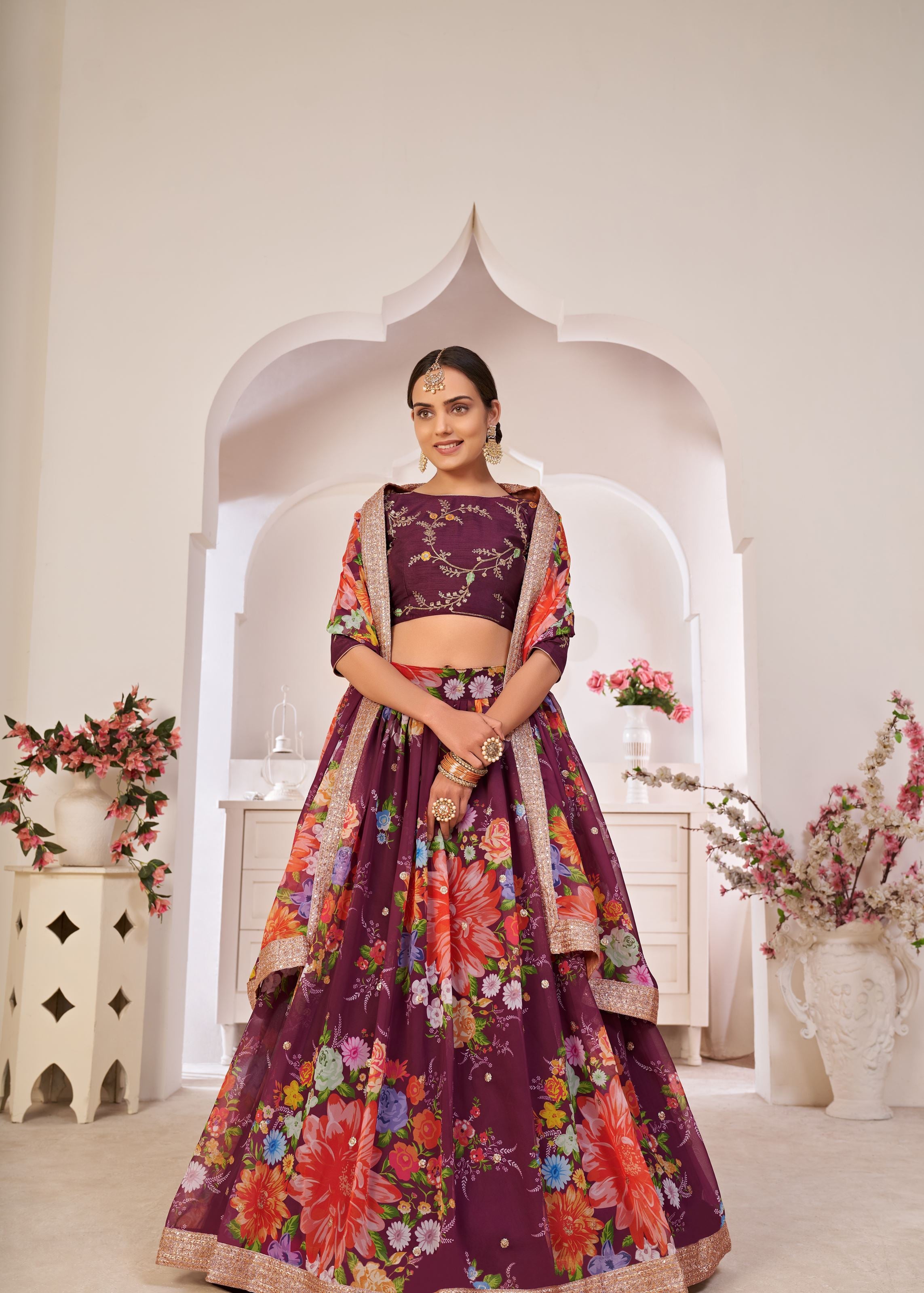 Wine Lehenga Choli With Digital Floral Print And Embroidered Work With Jari Sequins Dori Work
