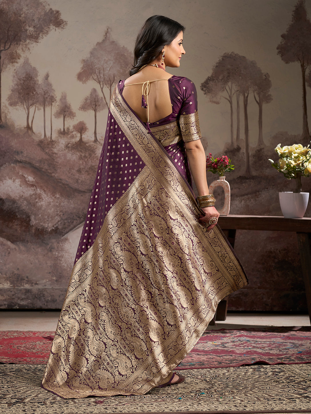 Wine Lichi Silk Woven Rich Pallu Designer Heavy Partywear Saree
