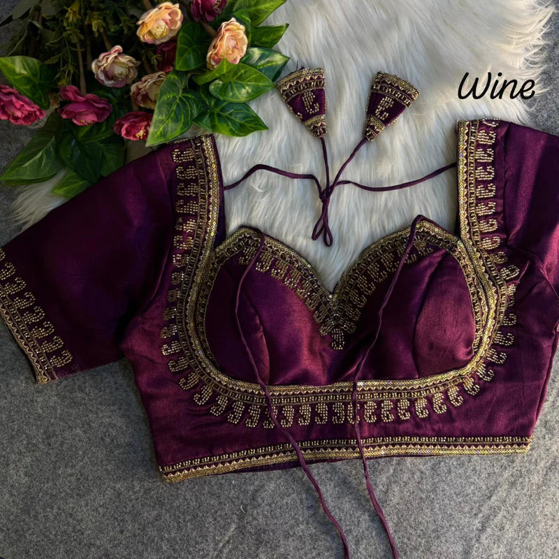 Wine Luxe Royal Beads Work Bridal Blouse Italian Silk Designer Couture Wear