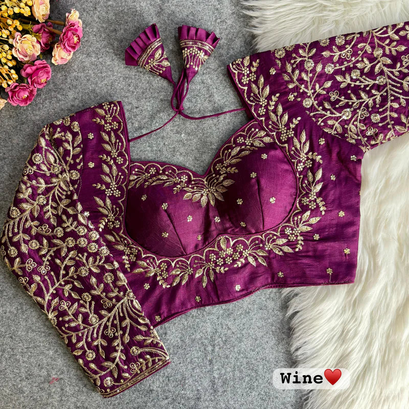 Wine Madhubala Vichitra Silk Blouse With Embroidery & Sequins Work