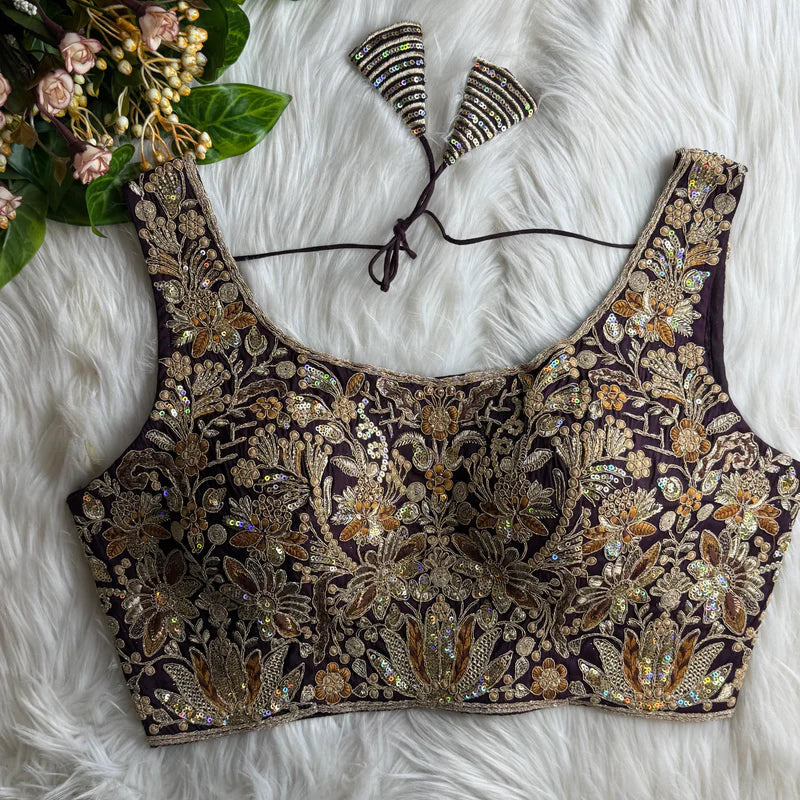 Wine Premium Roman Silk Bridal Blouse with Heavy Stars & Rainbow Work