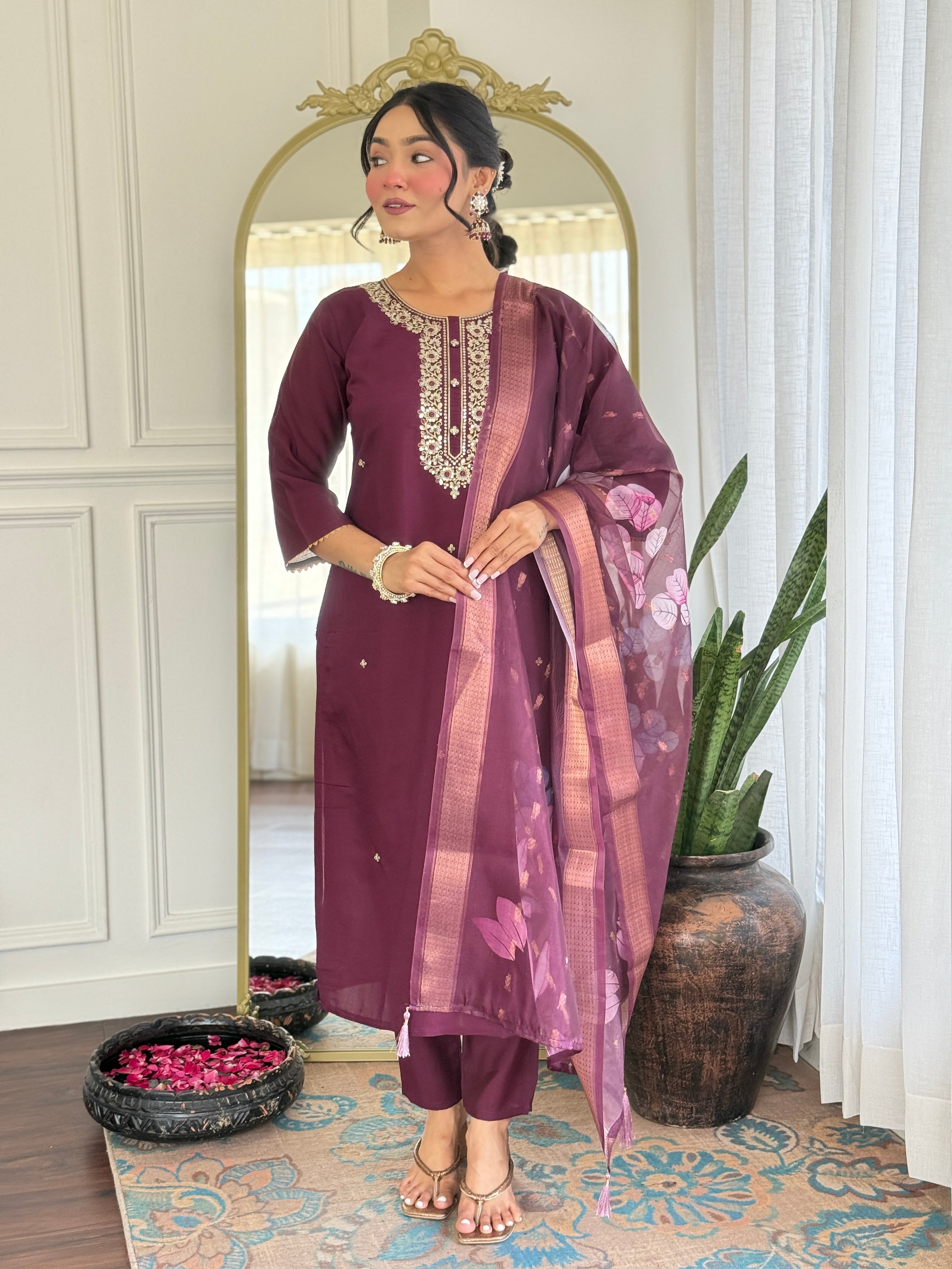 Wine Rayon Kurta Pant Set With Heavy Thread Embroidery Work With Printed Dupatta