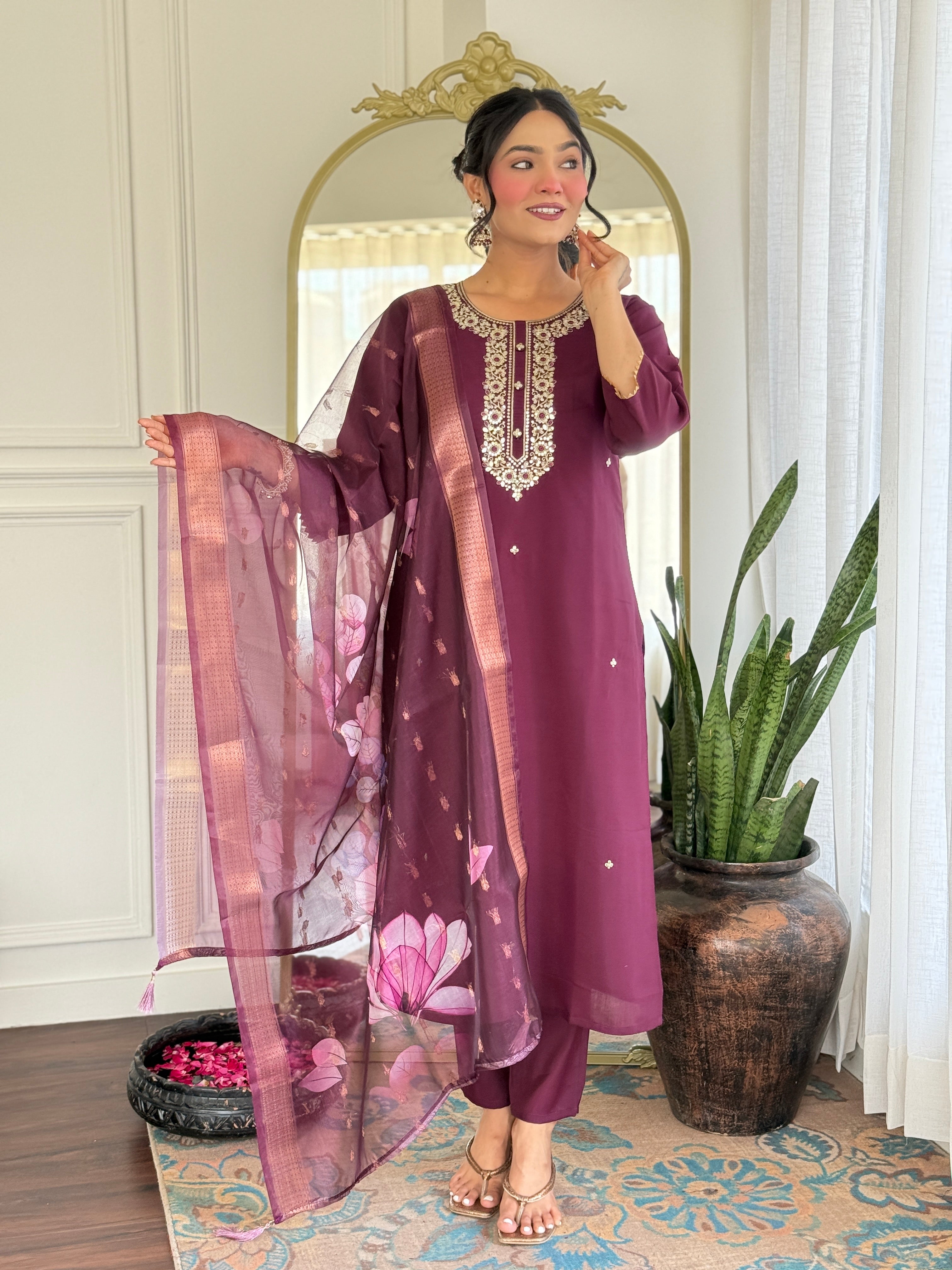 Wine Rayon Kurta Pant Set With Heavy Thread Embroidery Work With Printed Dupatta