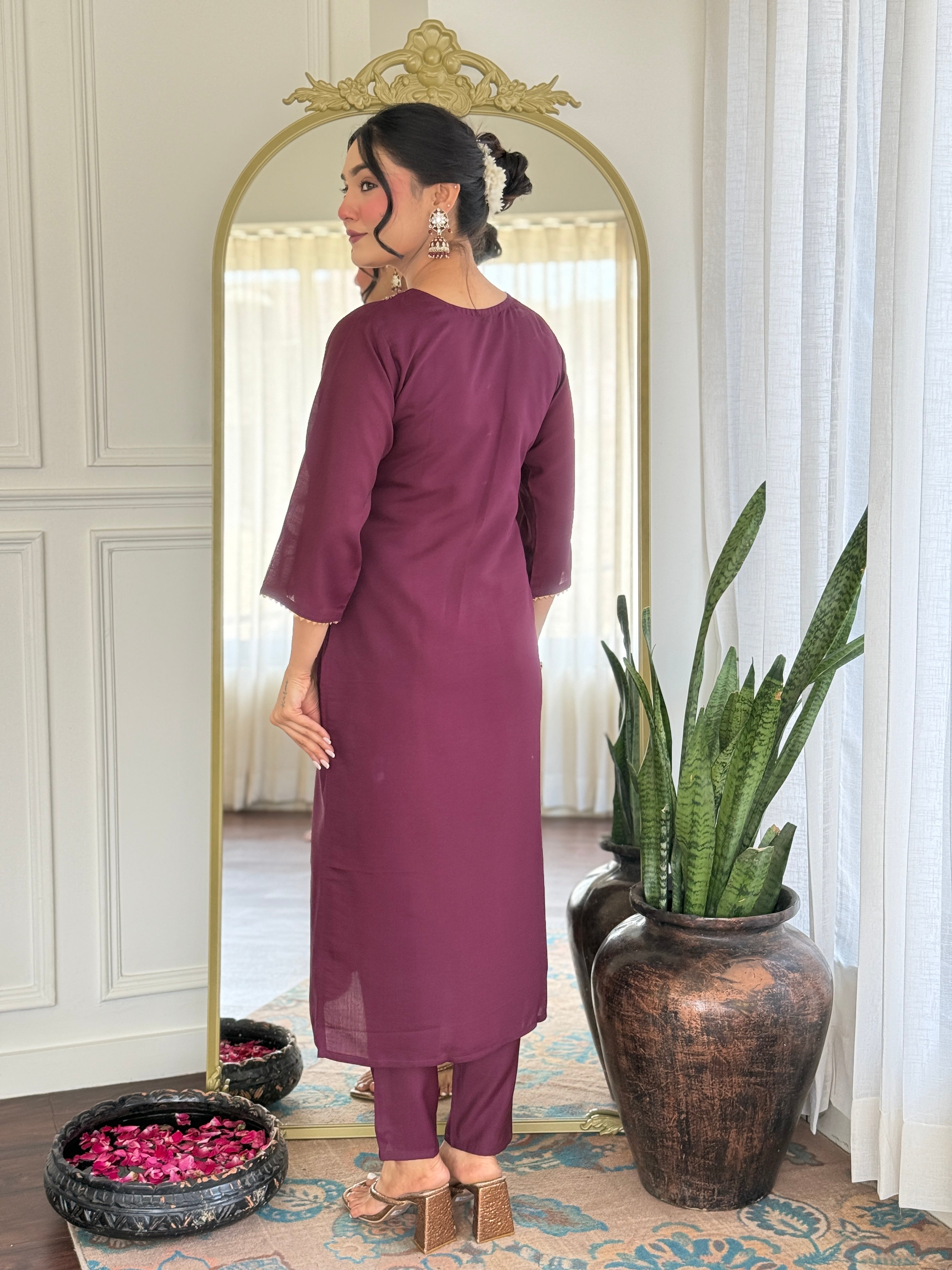 Wine Rayon Kurta Pant Set With Heavy Thread Embroidery Work With Printed Dupatta