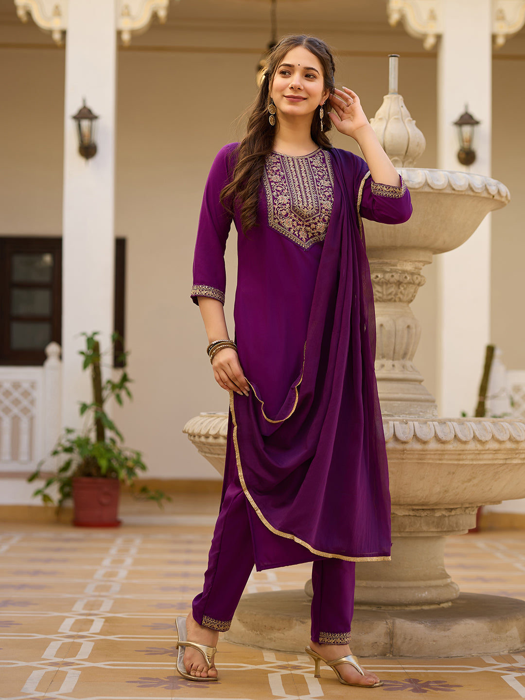 Wine Rayon Kurta Pant Set With Thread Embroidered With Sequins Work
