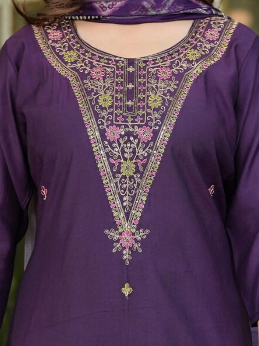 Wine Rayon Slub Elegant Kurta Pant Set With Embroidery Work
