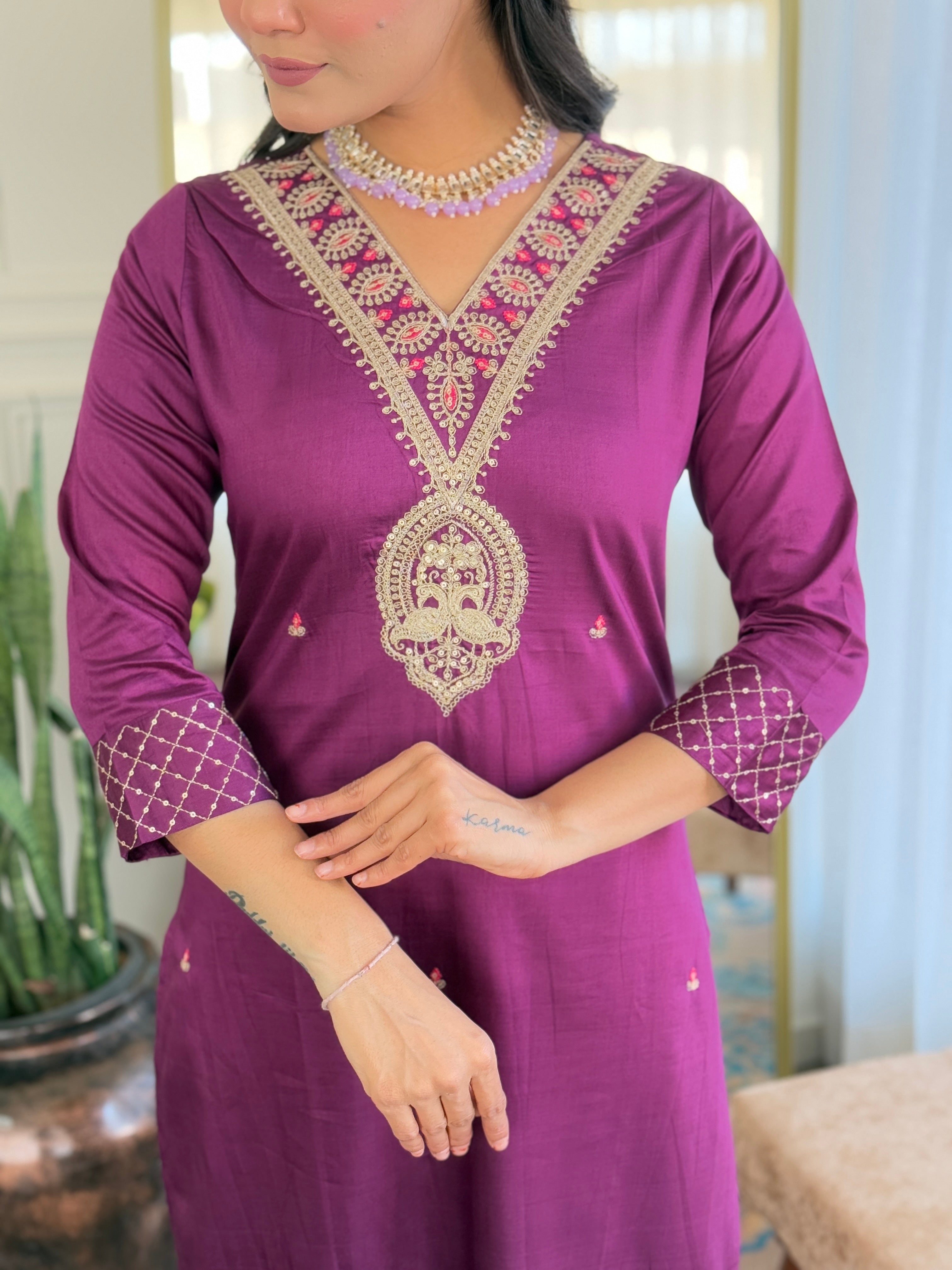 Wine Rayon Slub Elegant Kurta Pant Set With Embroidery Work