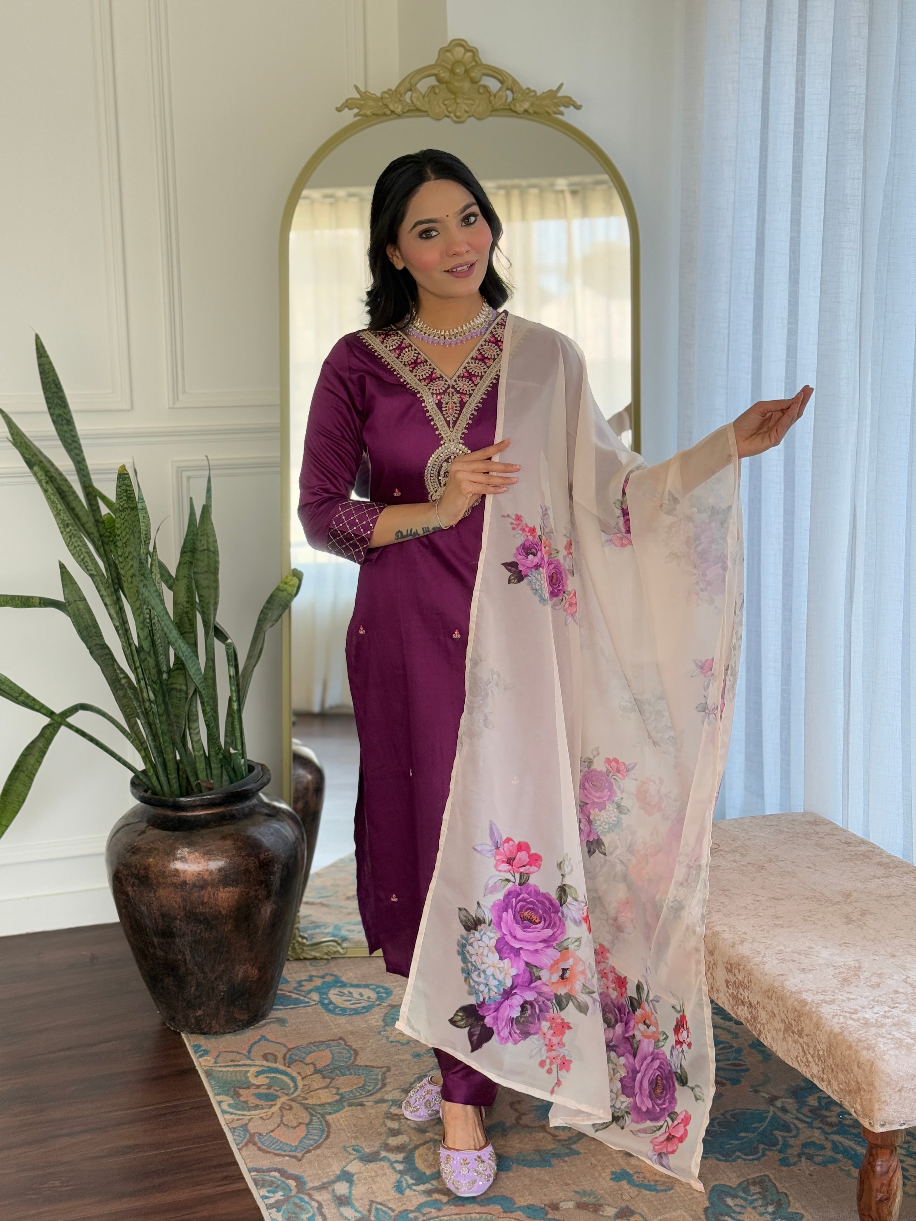 Wine Rayon Slub Elegant Kurta Pant Set With Embroidery Work