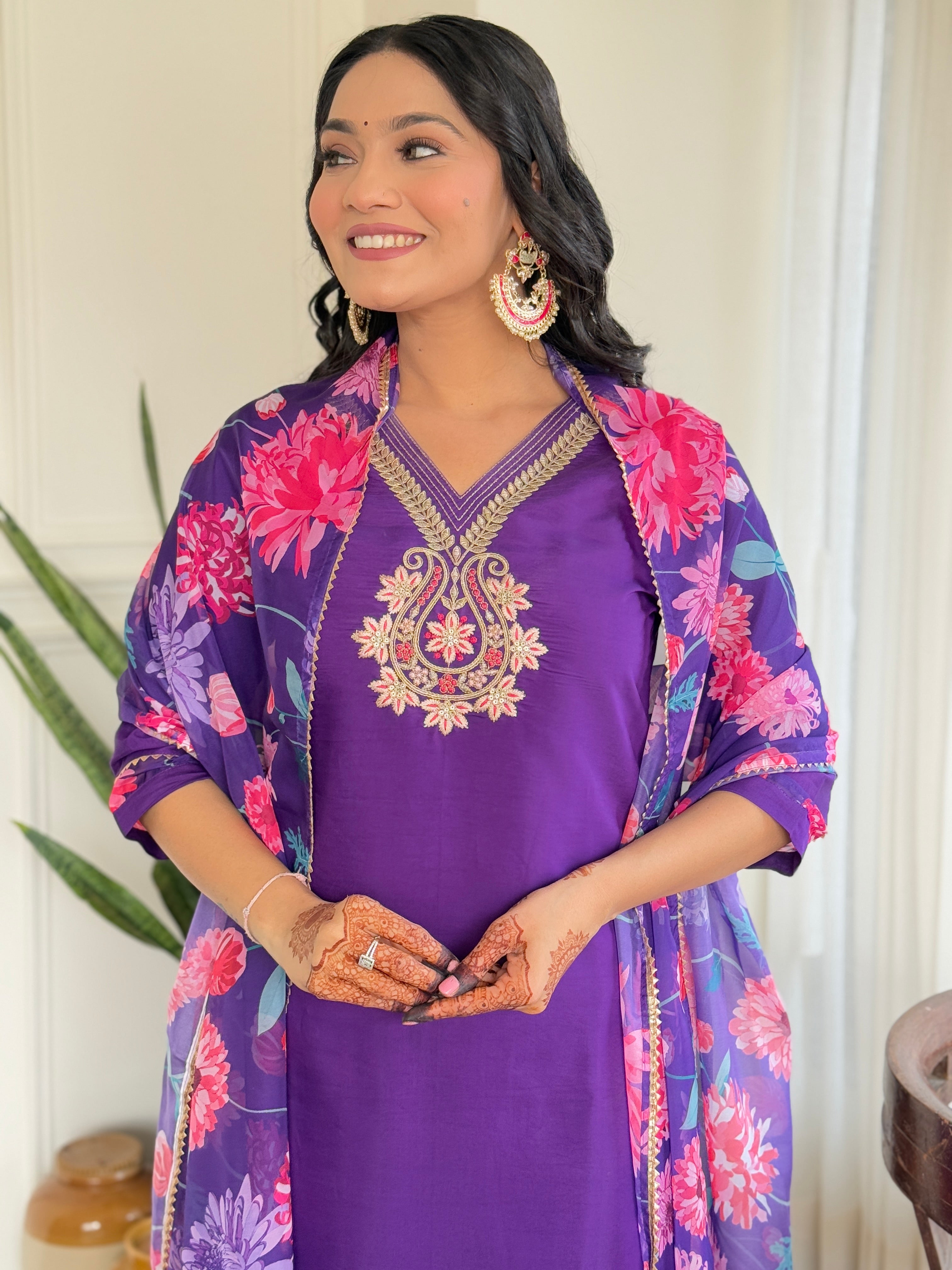 Wine Roman Silk Elegant Kurta Pant Set With Embroidery Work