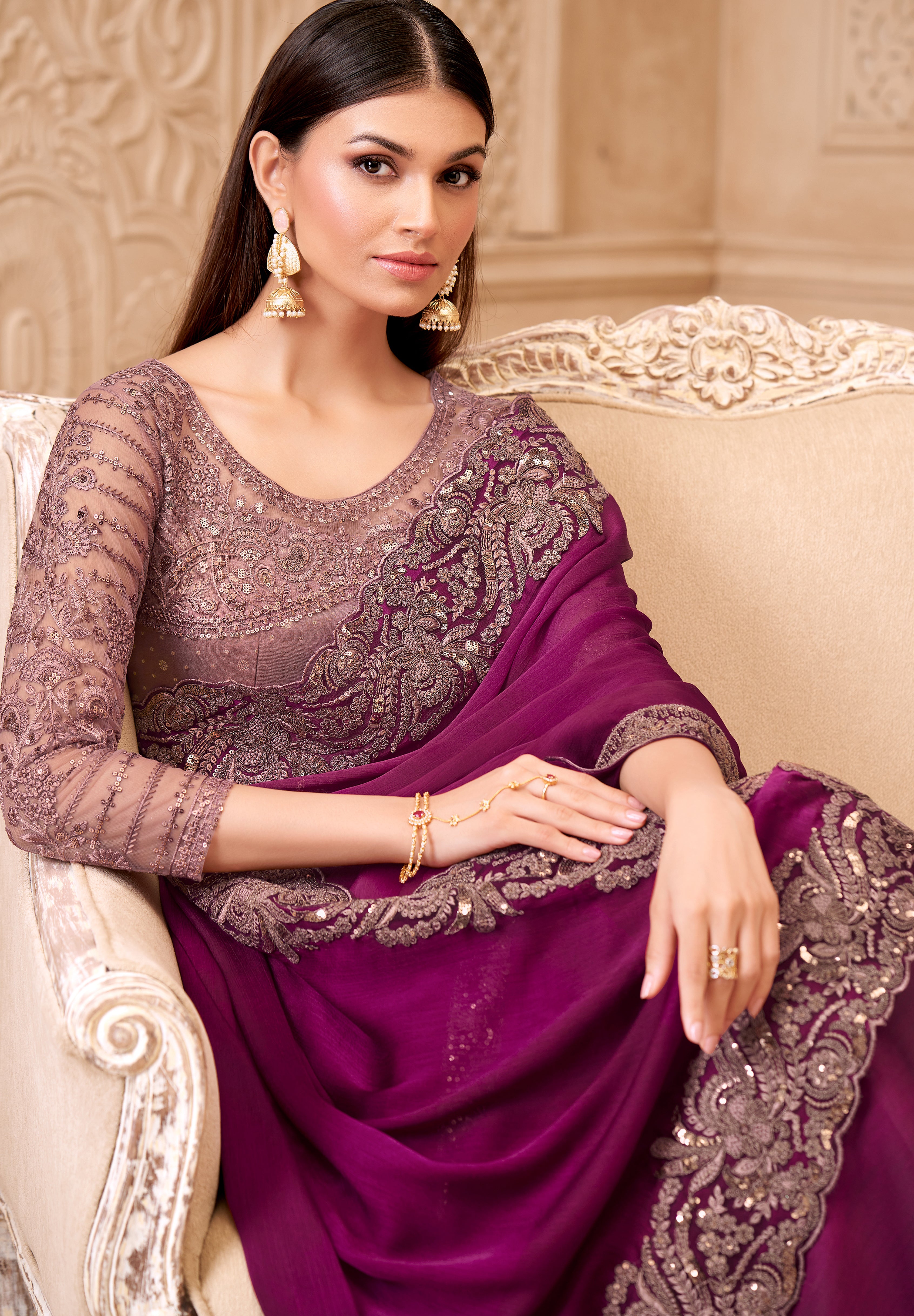 Wine Saree With Heavy Thread Embroidery Sequins Border Work With Embroidery Blouse
