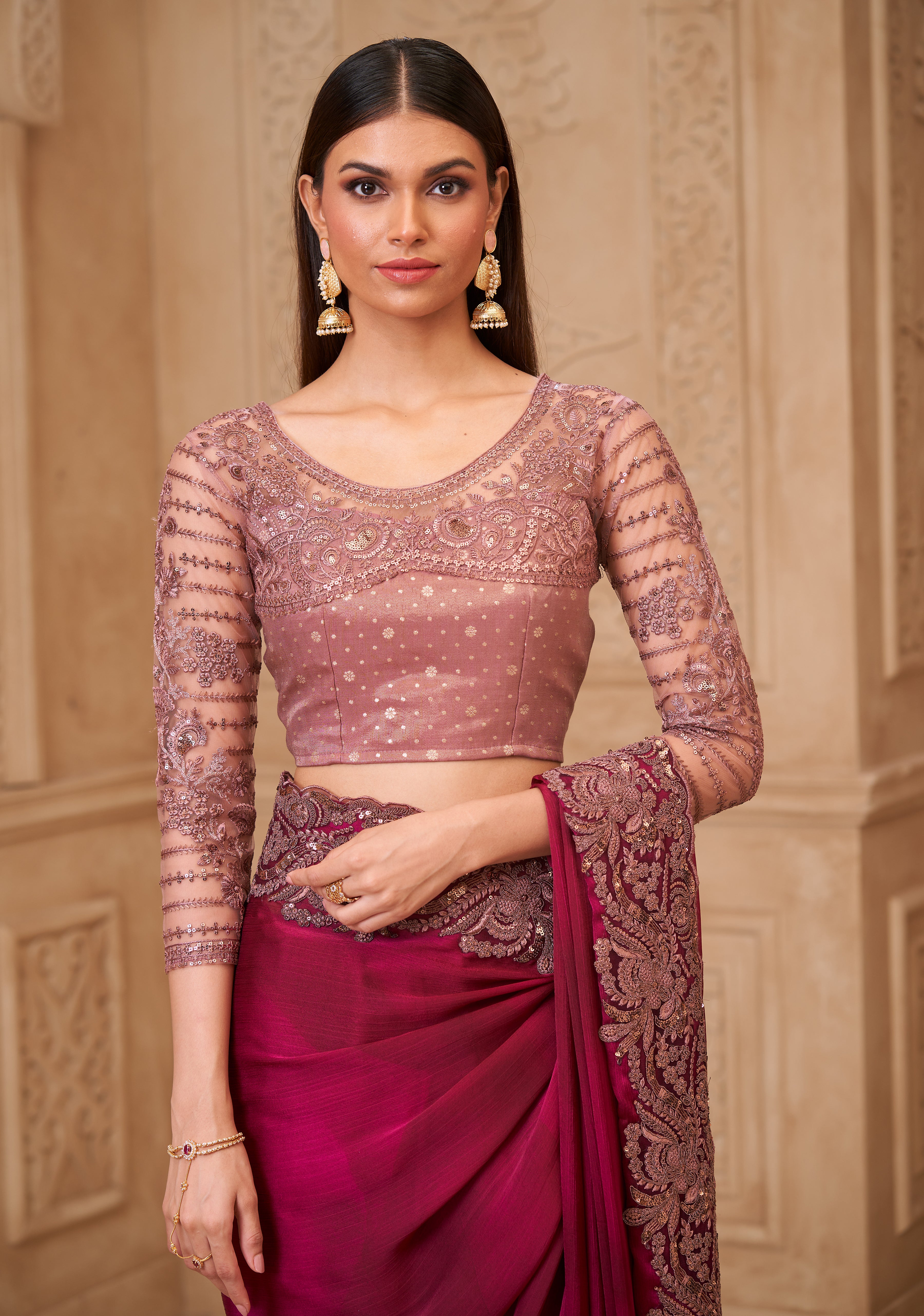 Wine Saree With Heavy Thread Embroidery Sequins Border Work With Embroidery Blouse