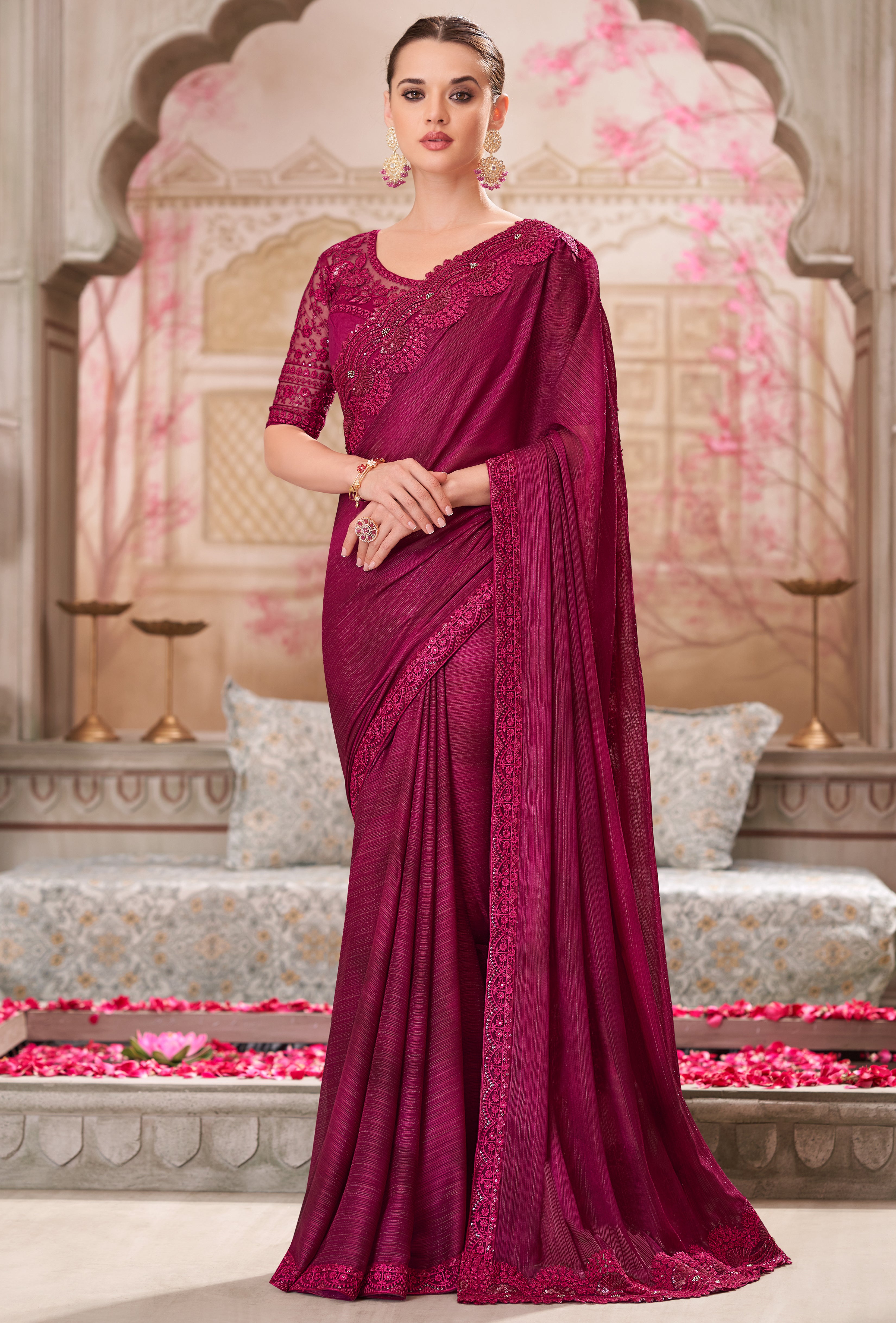 Wine Saree With Heavy Thread Embroidery Sequins Border Work With Embroidery Blouse