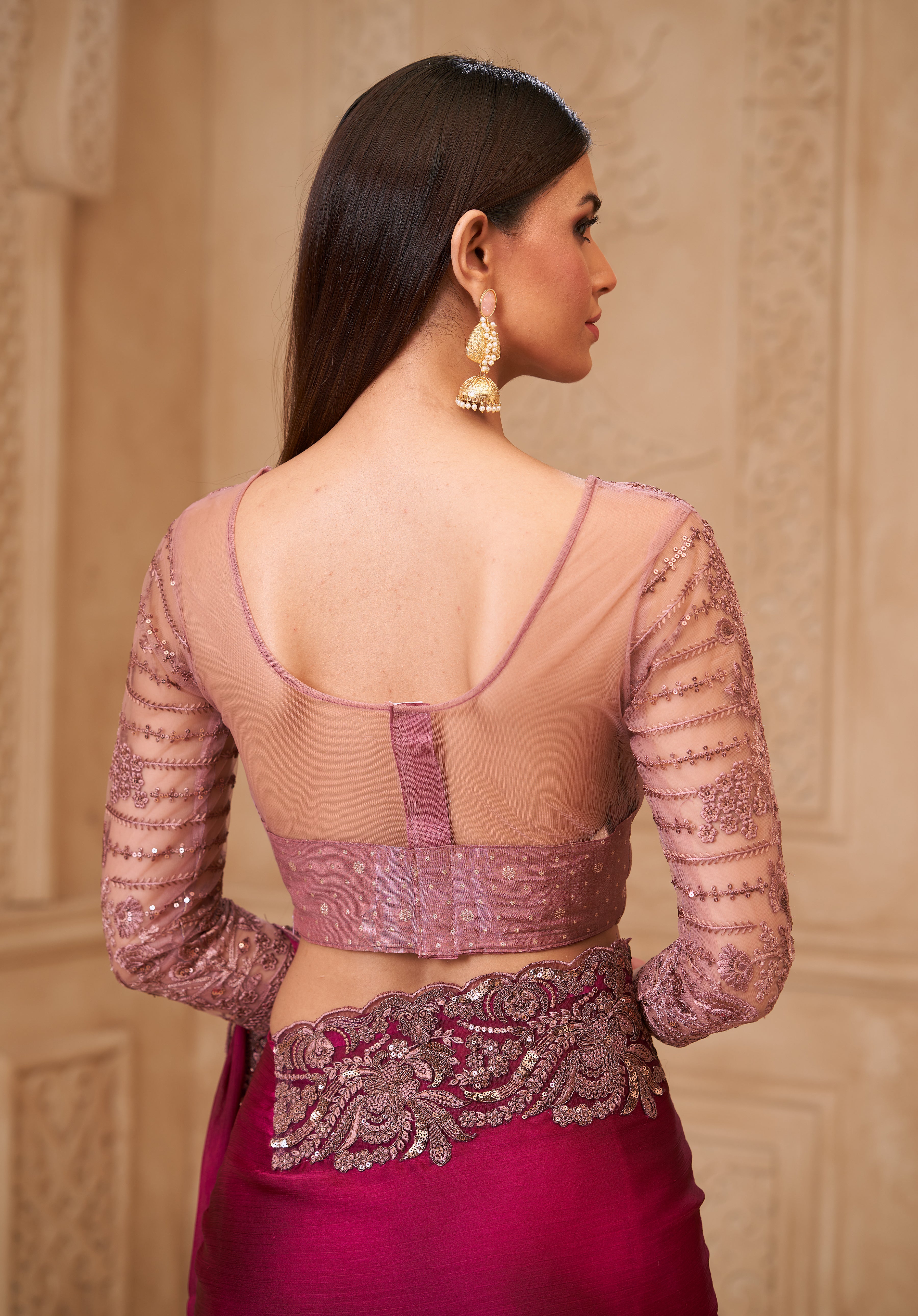 Wine Saree With Heavy Thread Embroidery Sequins Border Work With Embroidery Blouse