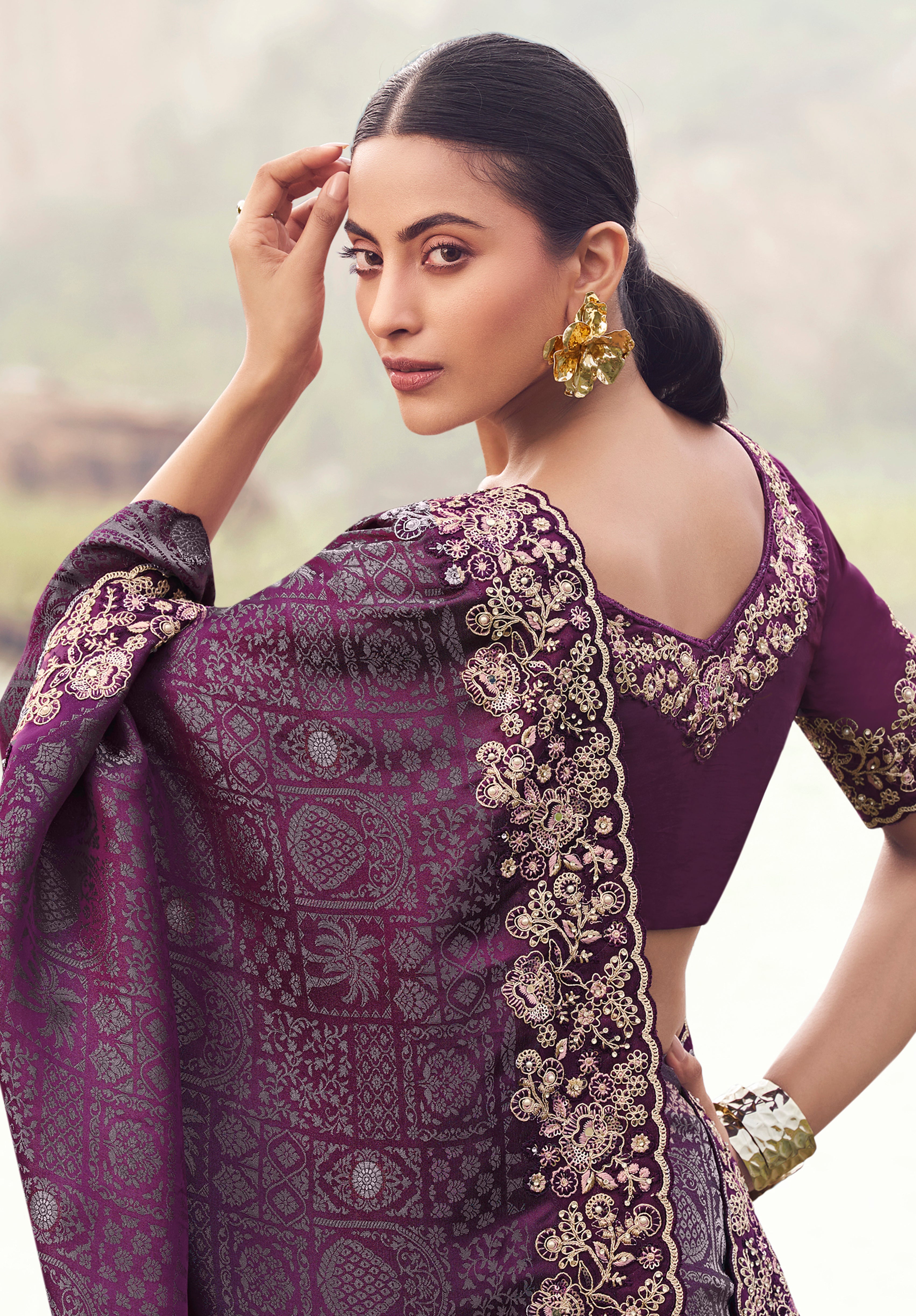 Wine Saree With Jacquard Woven With Embroidered Border & Blouse