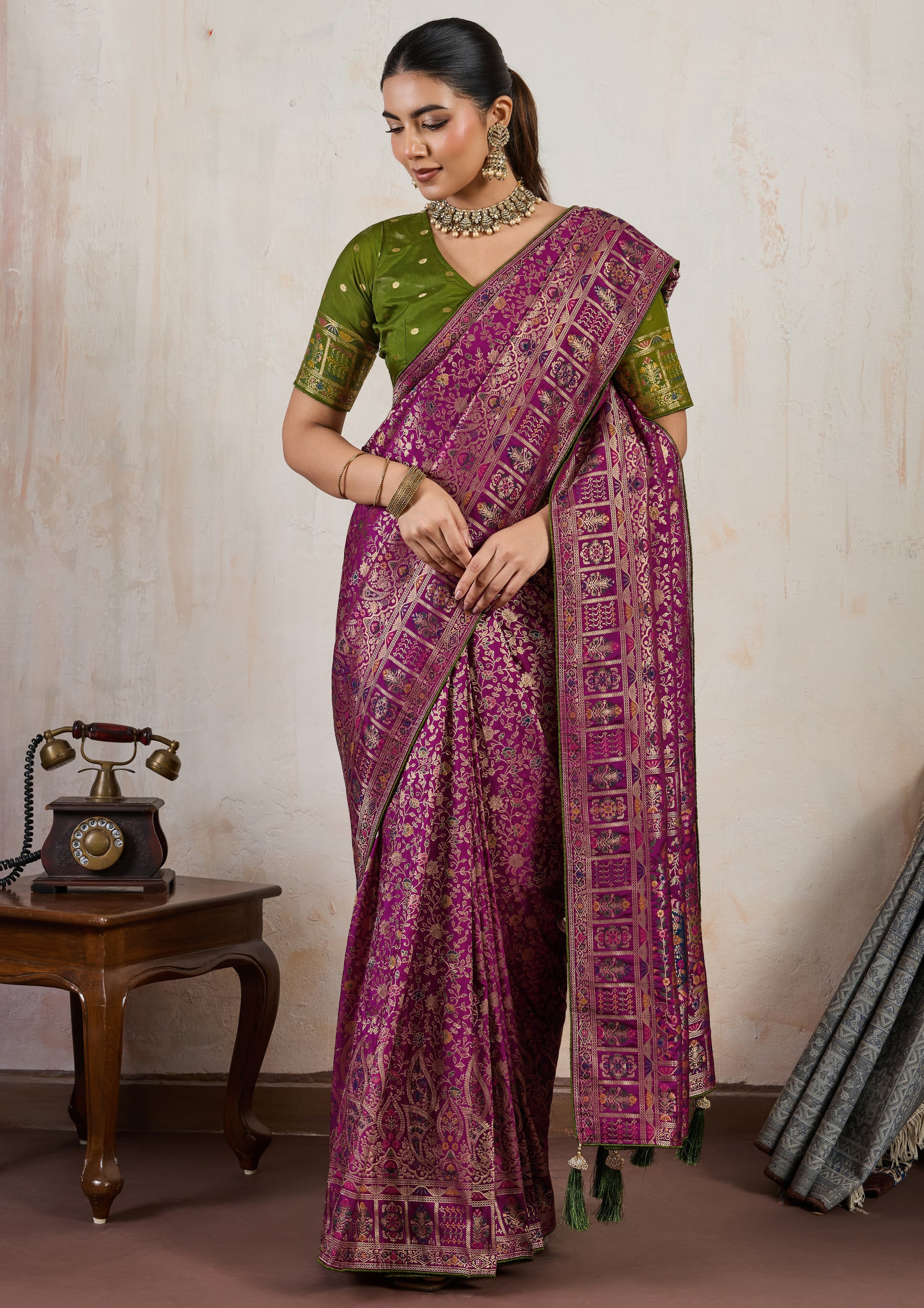 Wine Saree With Meenakari with 3 Zari Shades & 8 Color Thread Shades, Creating a Masterpiece