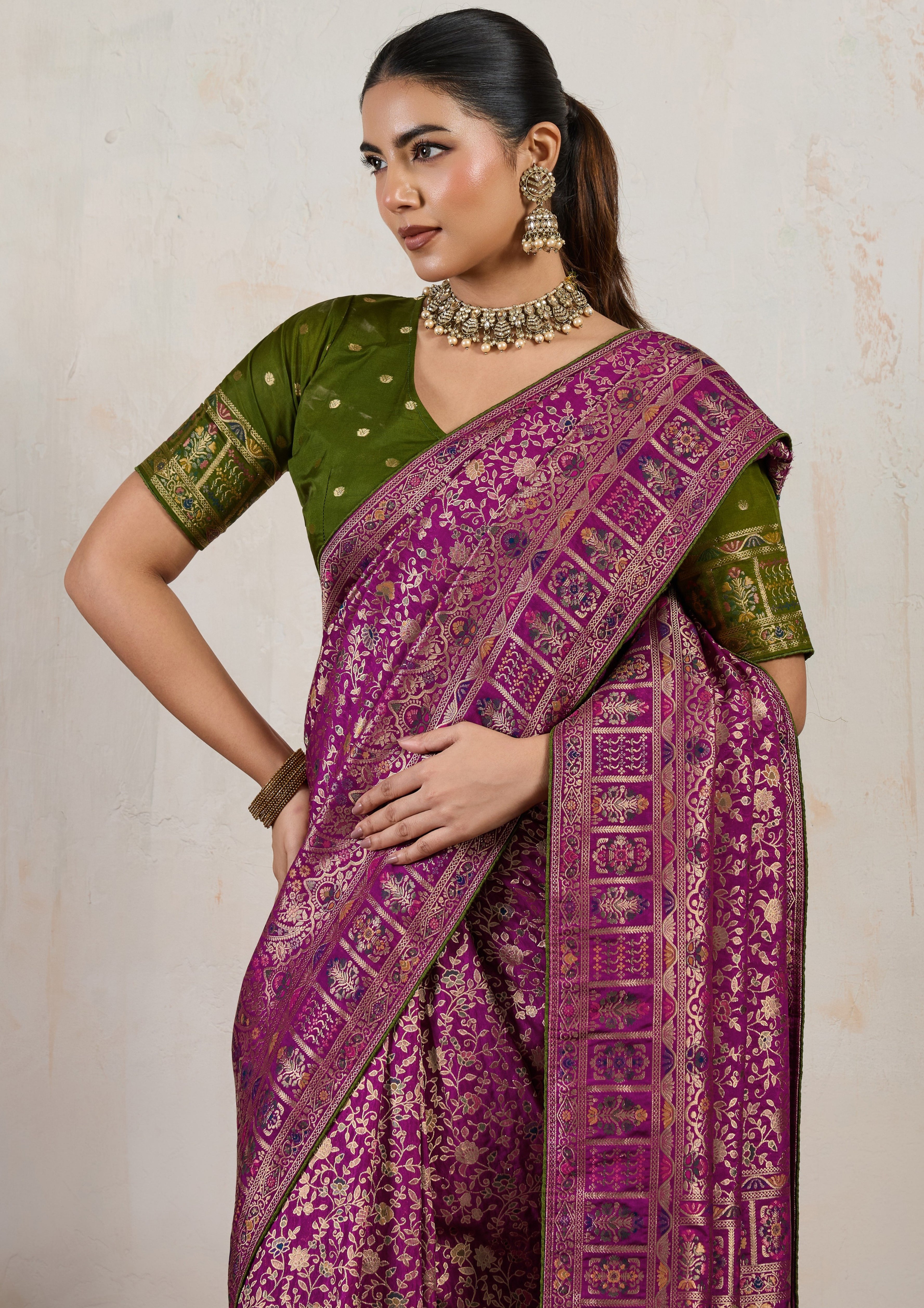 Wine Saree With Meenakari with 3 Zari Shades & 8 Color Thread Shades, Creating a Masterpiece