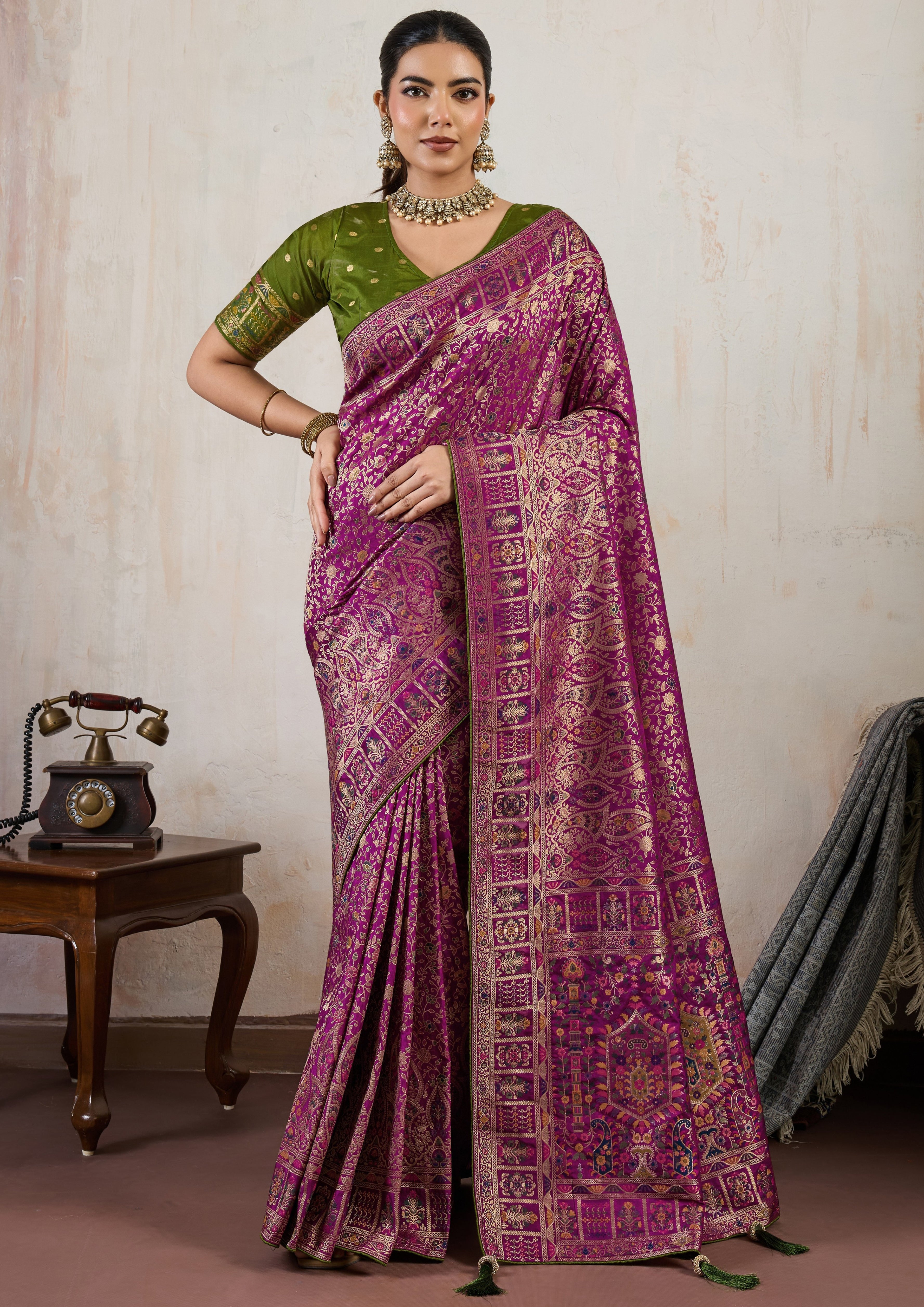 Wine Saree With Meenakari with 3 Zari Shades & 8 Color Thread Shades, Creating a Masterpiece