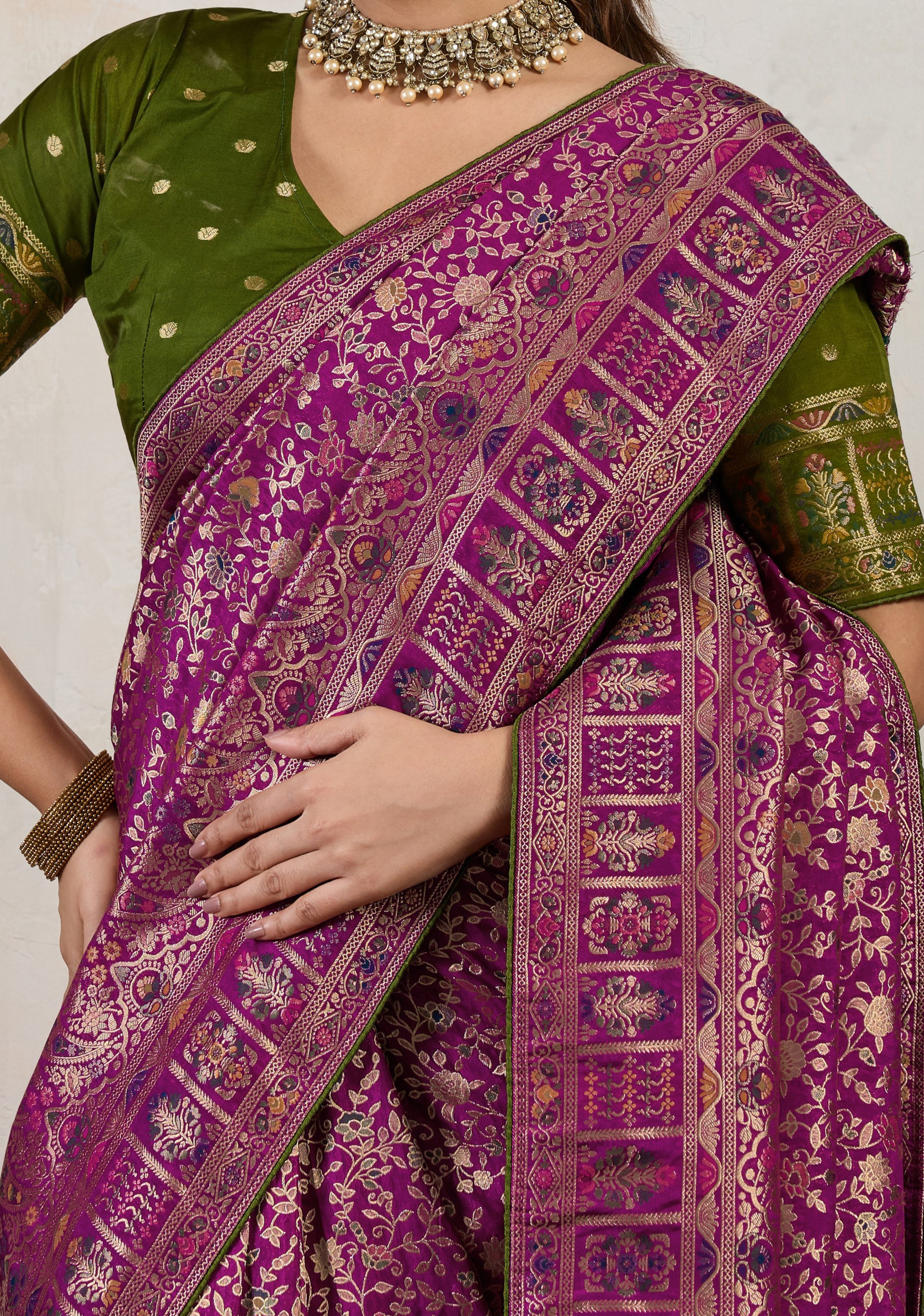 Wine Saree With Meenakari with 3 Zari Shades & 8 Color Thread Shades, Creating a Masterpiece