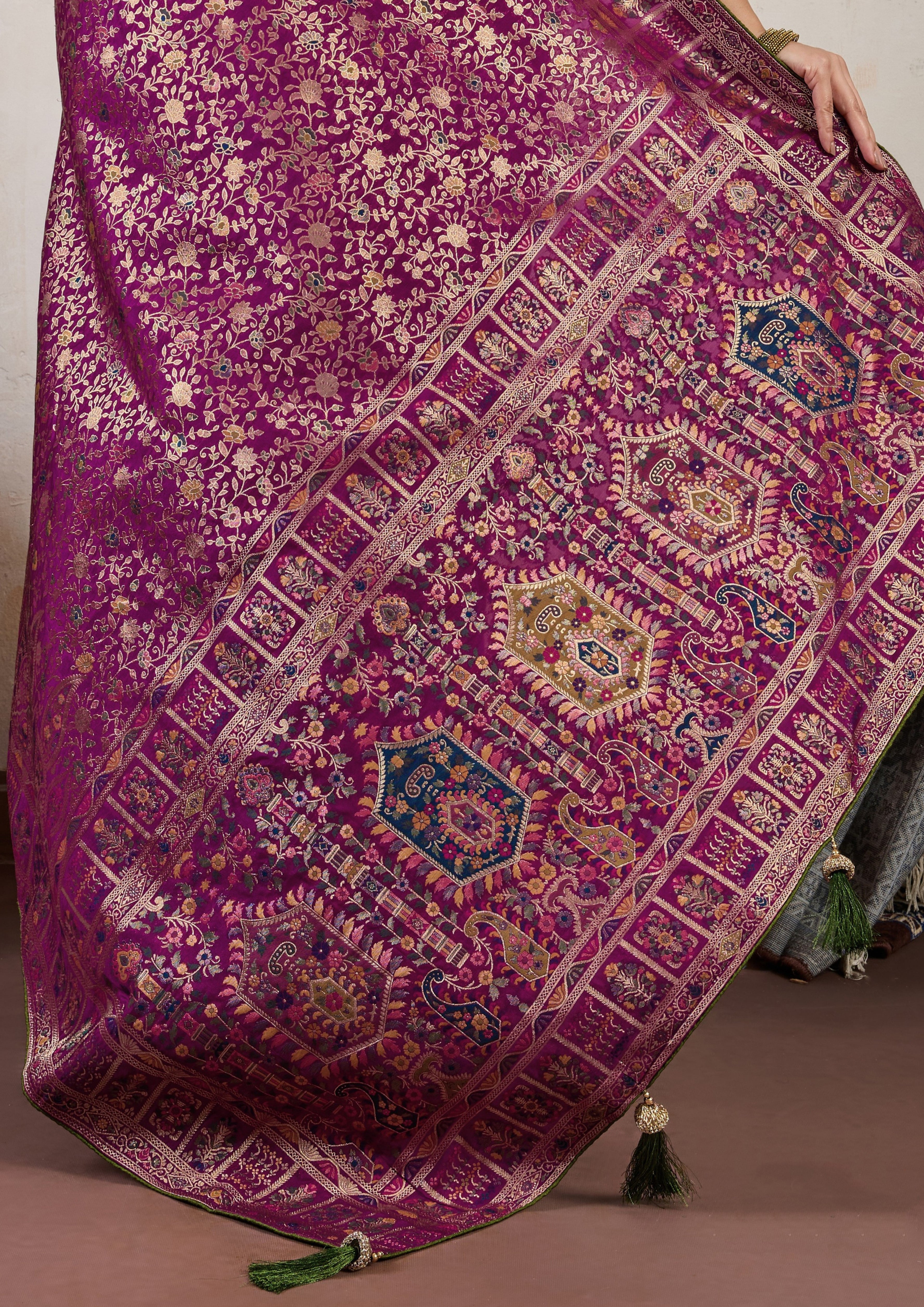 Wine Saree With Meenakari with 3 Zari Shades & 8 Color Thread Shades, Creating a Masterpiece