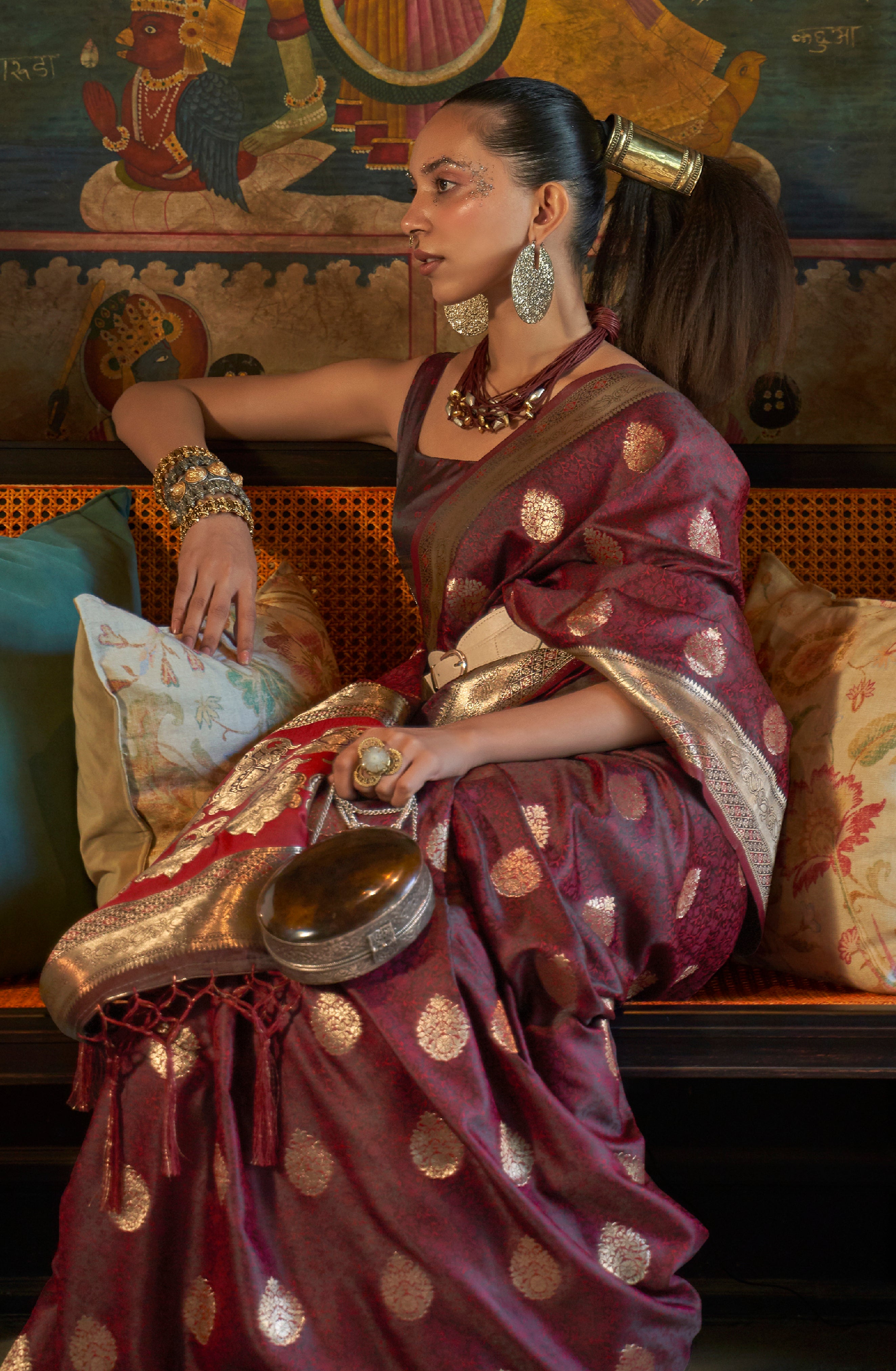 Wine Silk Saree with Jacquard Woven Work