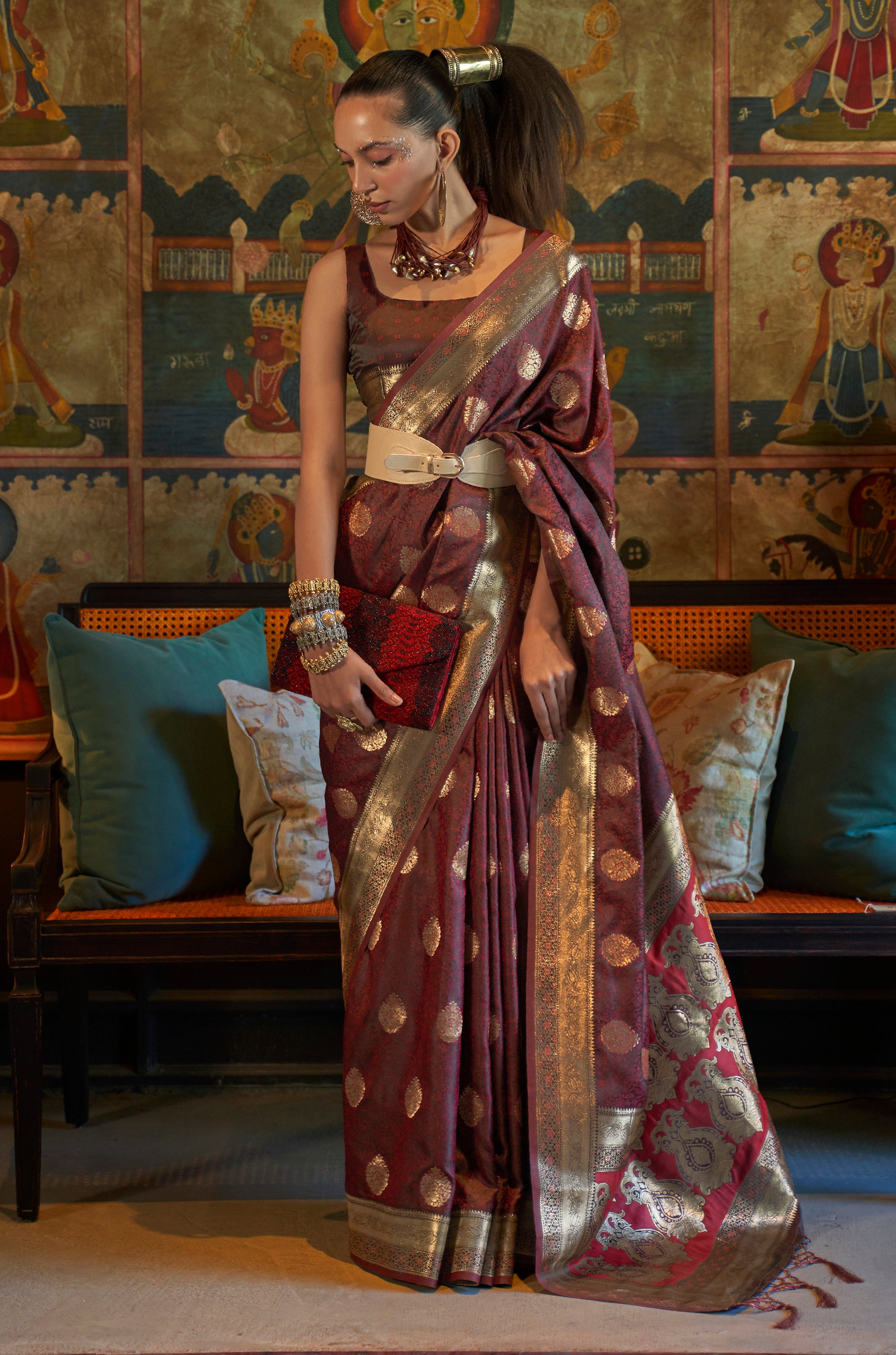 Wine Silk Saree with Jacquard Woven Work
