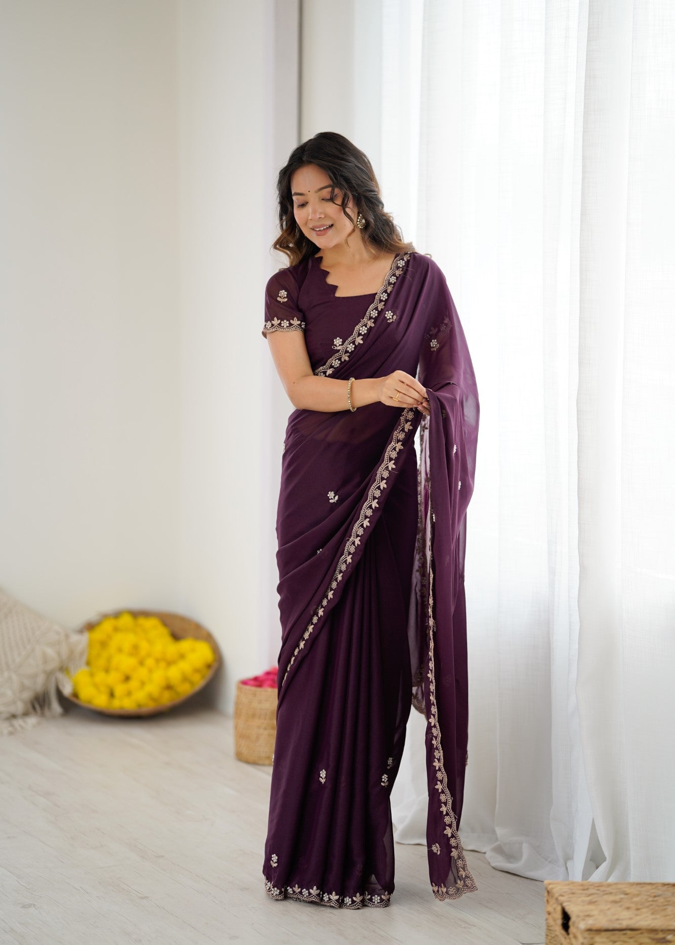 Wine Star Georgette Saree With Embroidery And Moti Work With Blouse