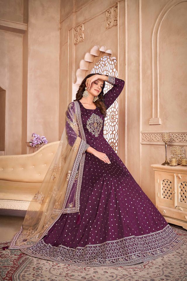 Wine Taffeta Butti Heavy Thread Embroidery Sequins Work Anarkali Suits