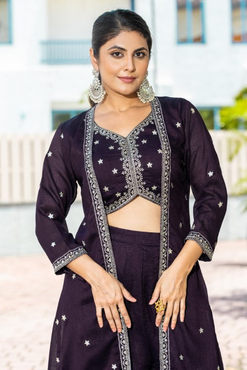 Wine Vichirta Silk Crop Top With Thread Embroidery Work