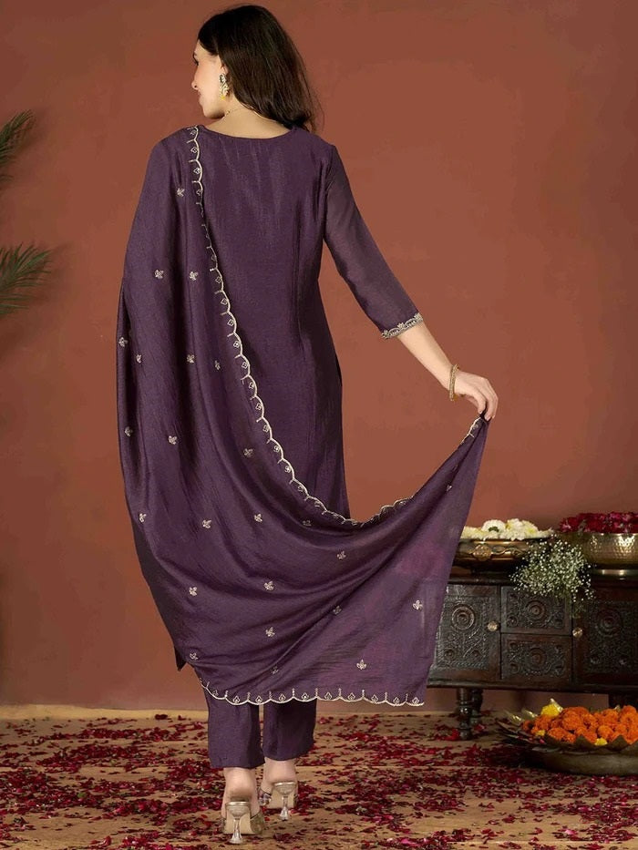 Wine Vichitra Kurta Pant Set With Heavy Thread Embroidery Work
