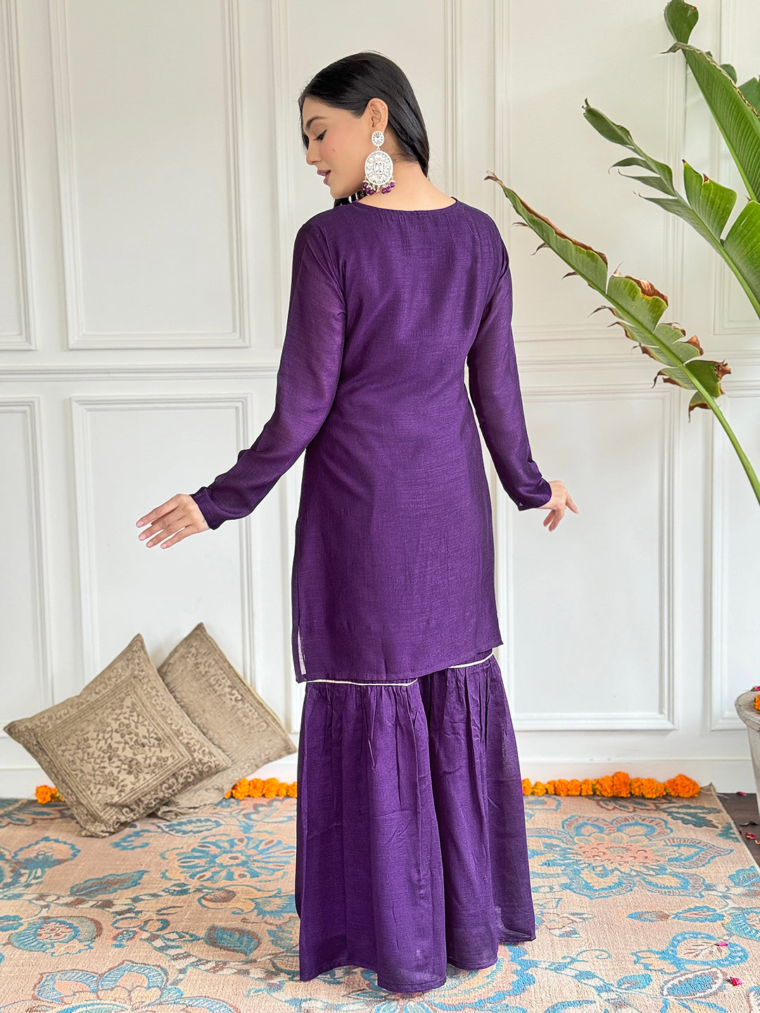 Wine Vichitra Silk Elegant Kurta Pant Set With Embroidery Work