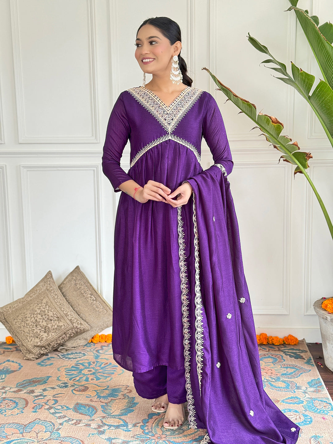 Wine Vichitra Silk Elegant Kurta Pant Set With Embroidery Work