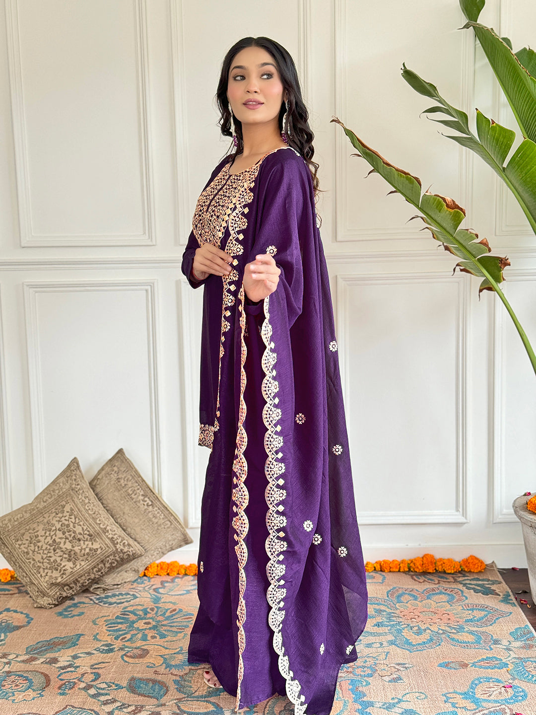 Wine Vichitra Silk Elegant Kurta Pant Set With Embroidery Work
