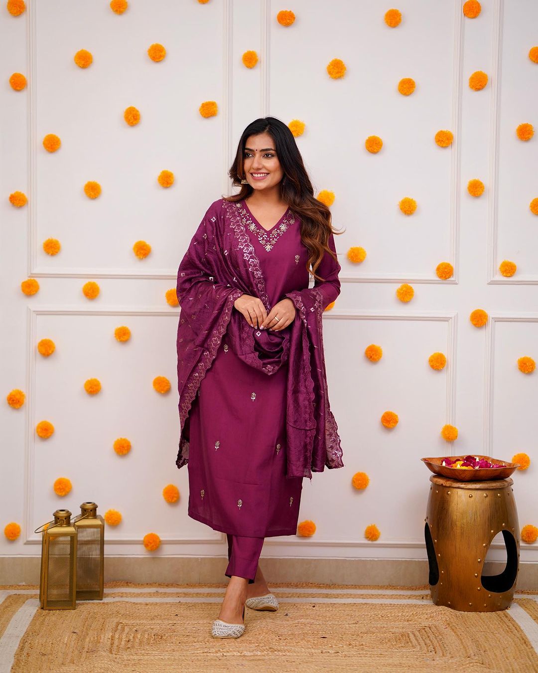 Wine Viscose Chanderi Kurta Pant With Heavy Thread Embroidery Work With Sequins Work