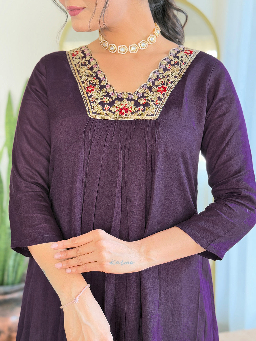 Wine Viscose Elegant Kurta Pant Set With Embroidery Work