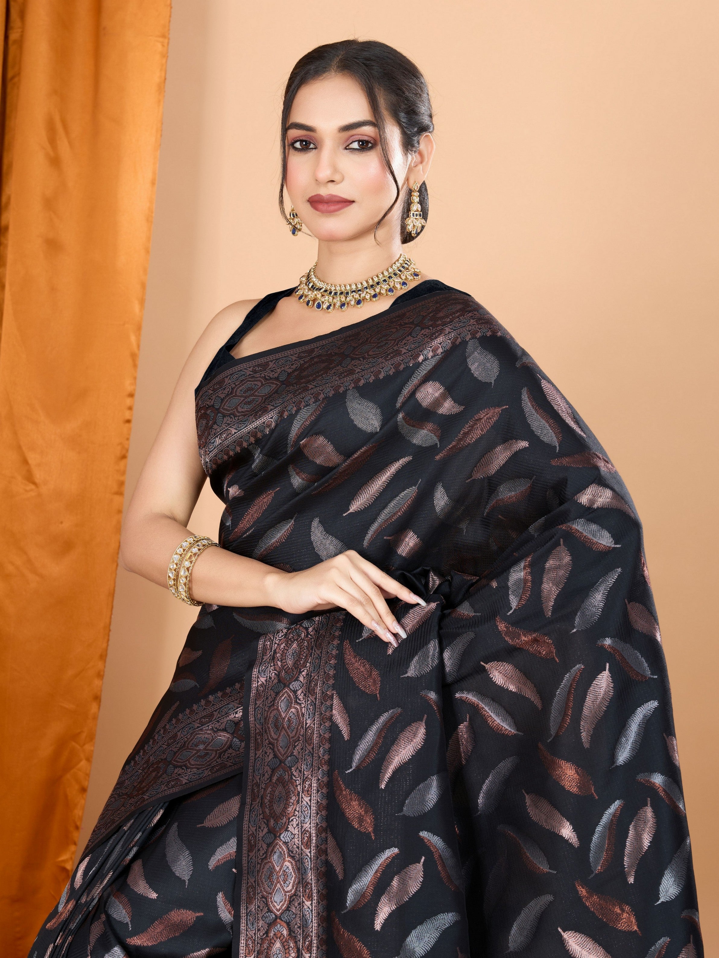 Woven Double Jari Designer Black Soft Silk Partywear Saree