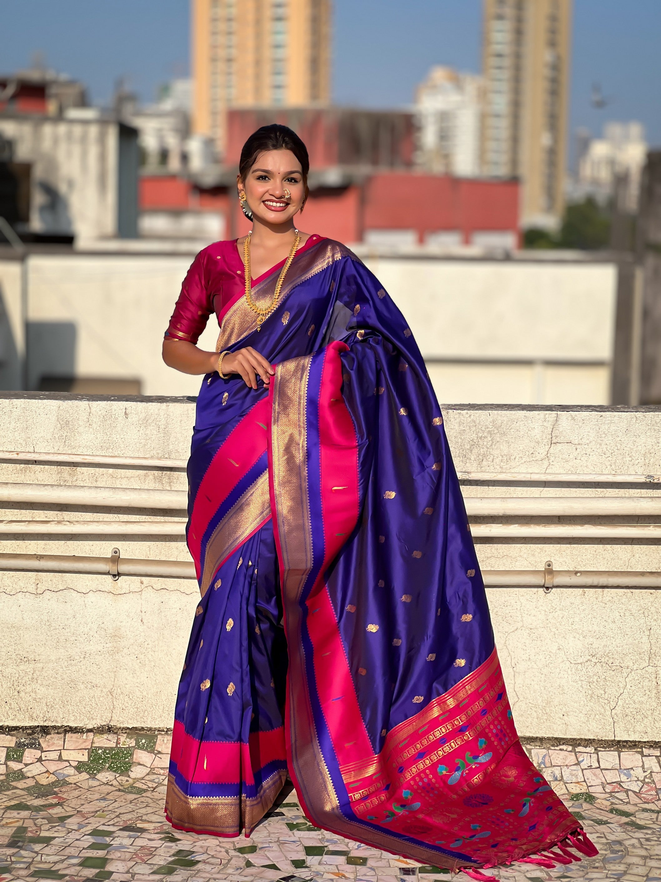 Woven Gold Jari Peacock Designer Blue Paithani Silk Ethnic Saree
