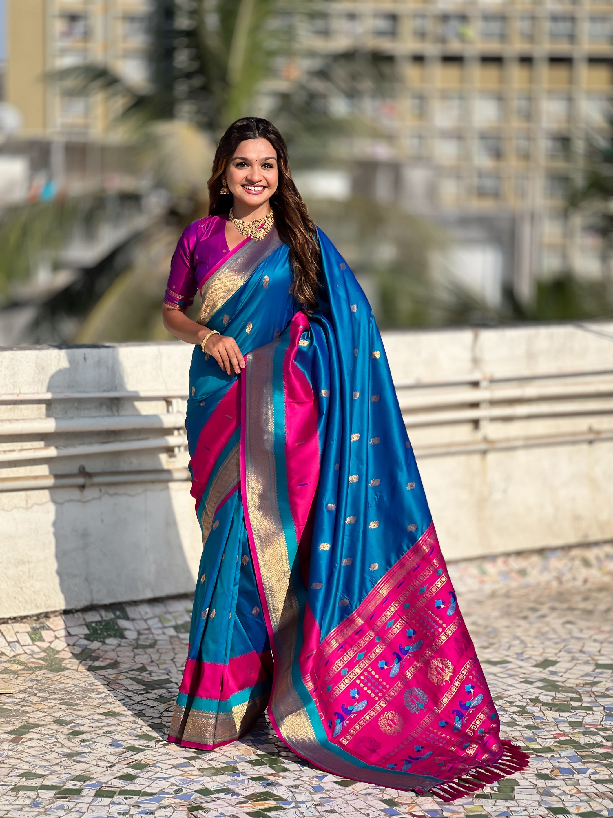Woven Gold Jari Peacock Designer Blue Paithani Silk Ethnic Saree