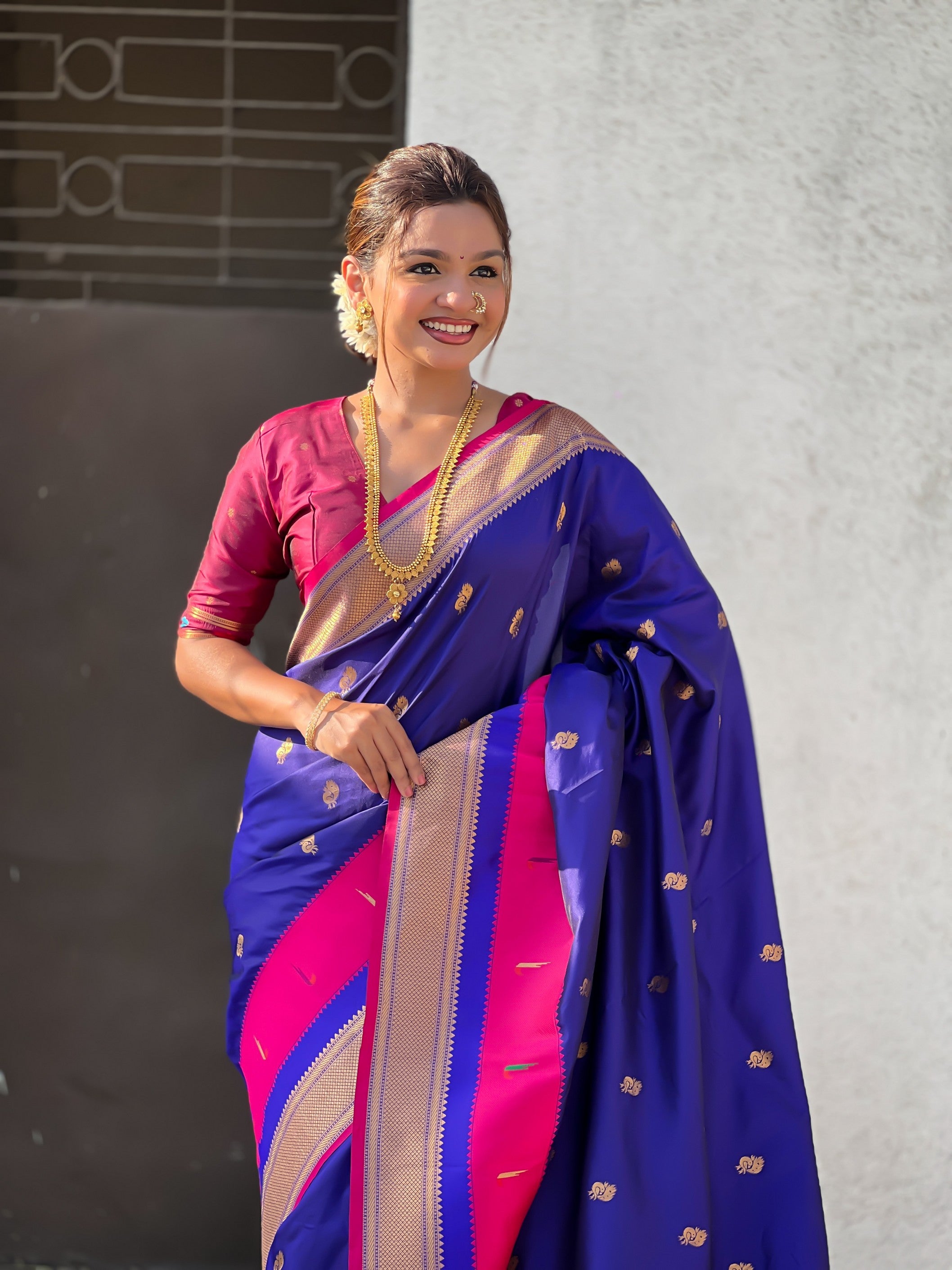 Woven Gold Jari Peacock Designer Blue Paithani Silk Ethnic Saree