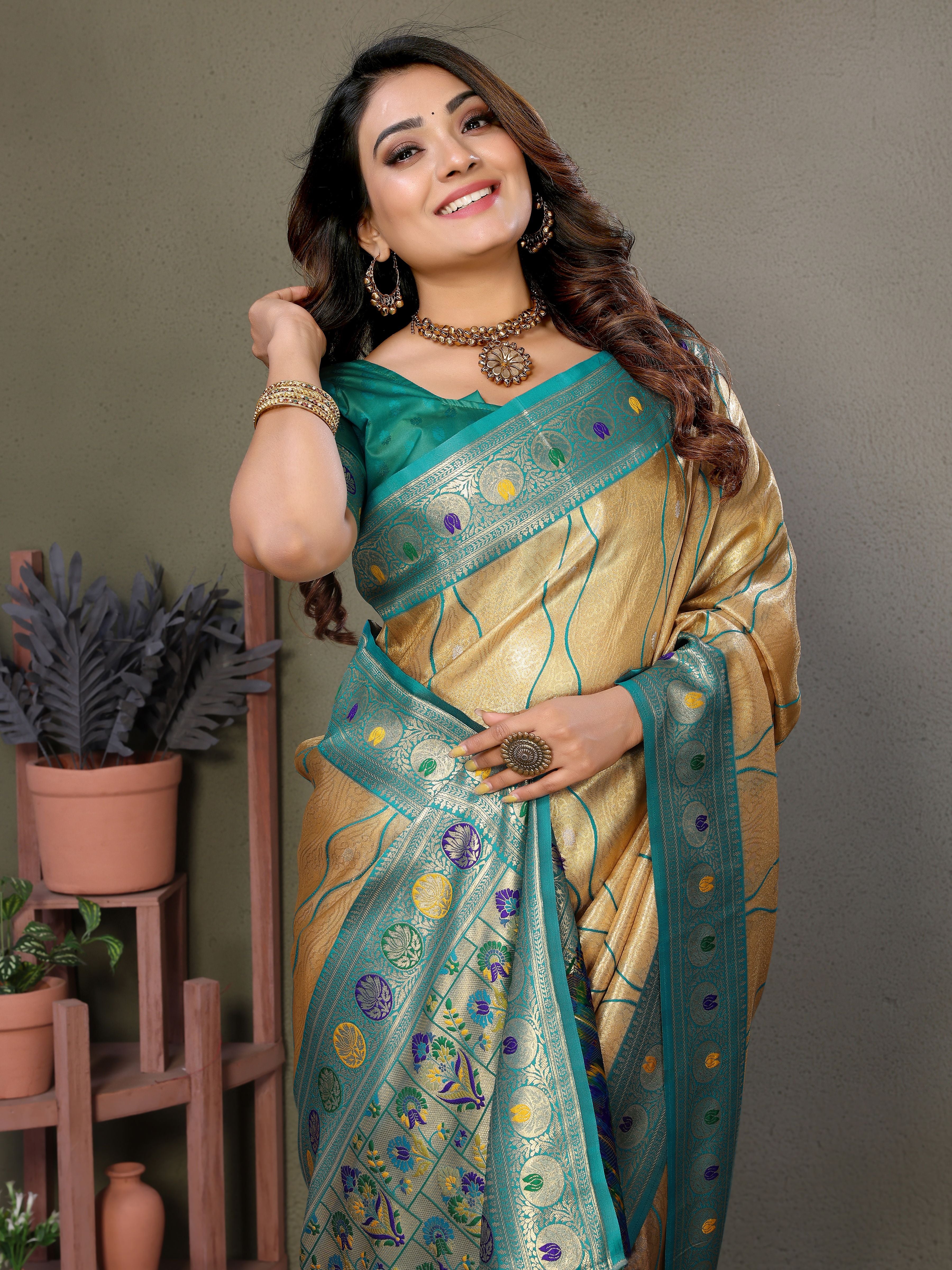Woven Heavy Designer Banarasi Tissue Silk Beige Ethnic Ceremonial Saree