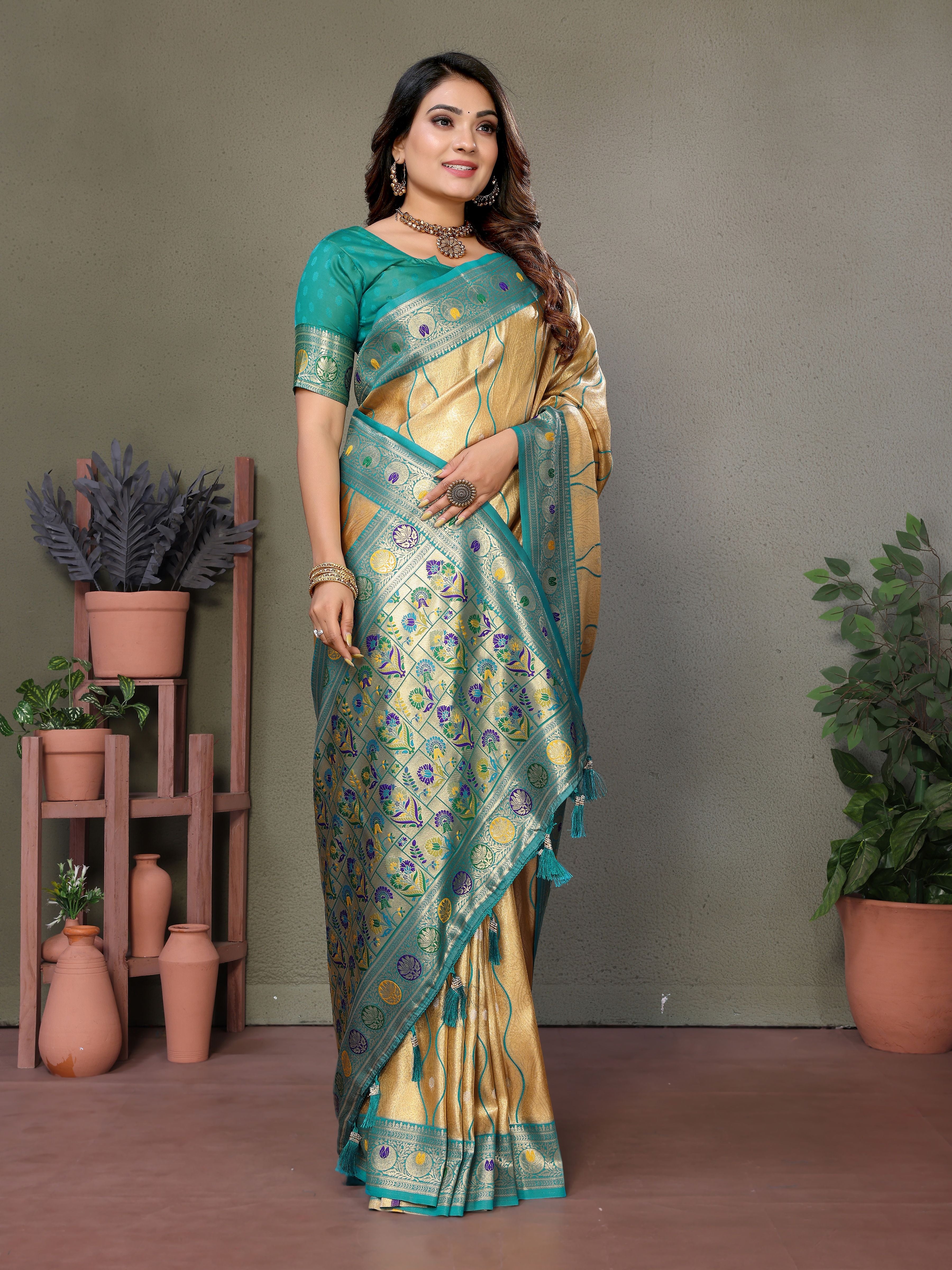 Woven Heavy Designer Banarasi Tissue Silk Beige Ethnic Ceremonial Saree