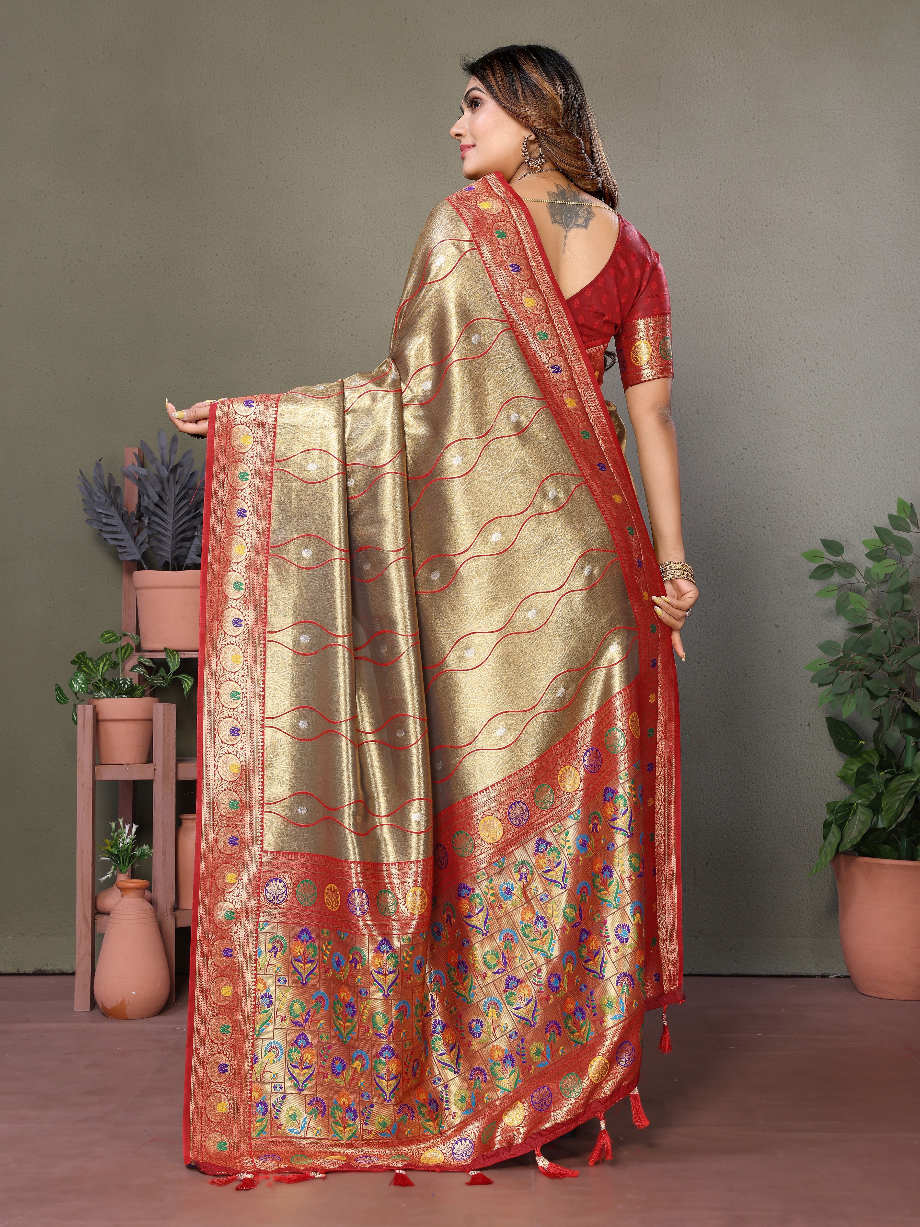 Woven Heavy Designer Banarasi Tissue Silk Brown Ethnic Ceremonial Saree