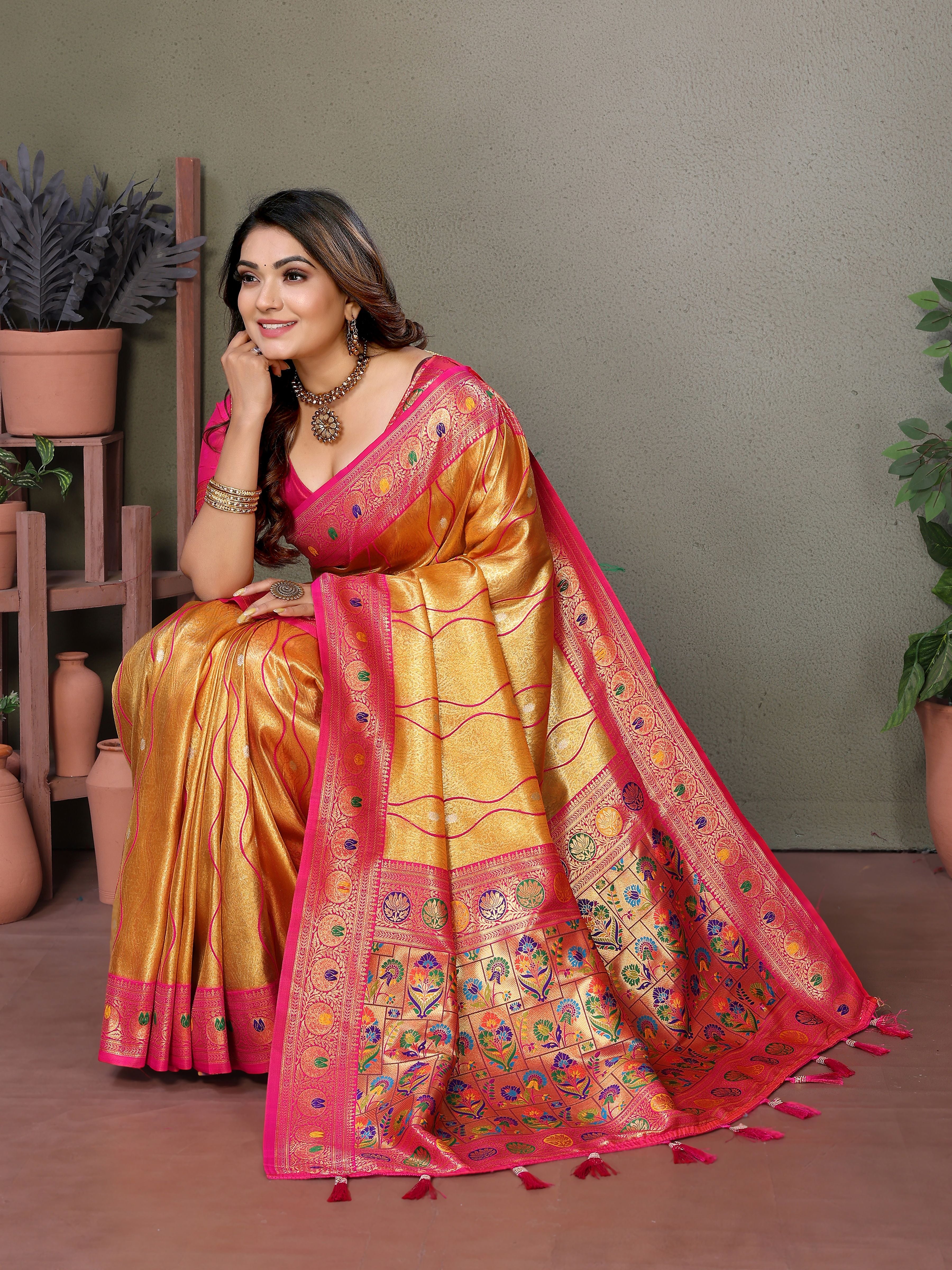 Woven Heavy Designer Banarasi Tissue Silk Mustard Ethnic Ceremonial Saree