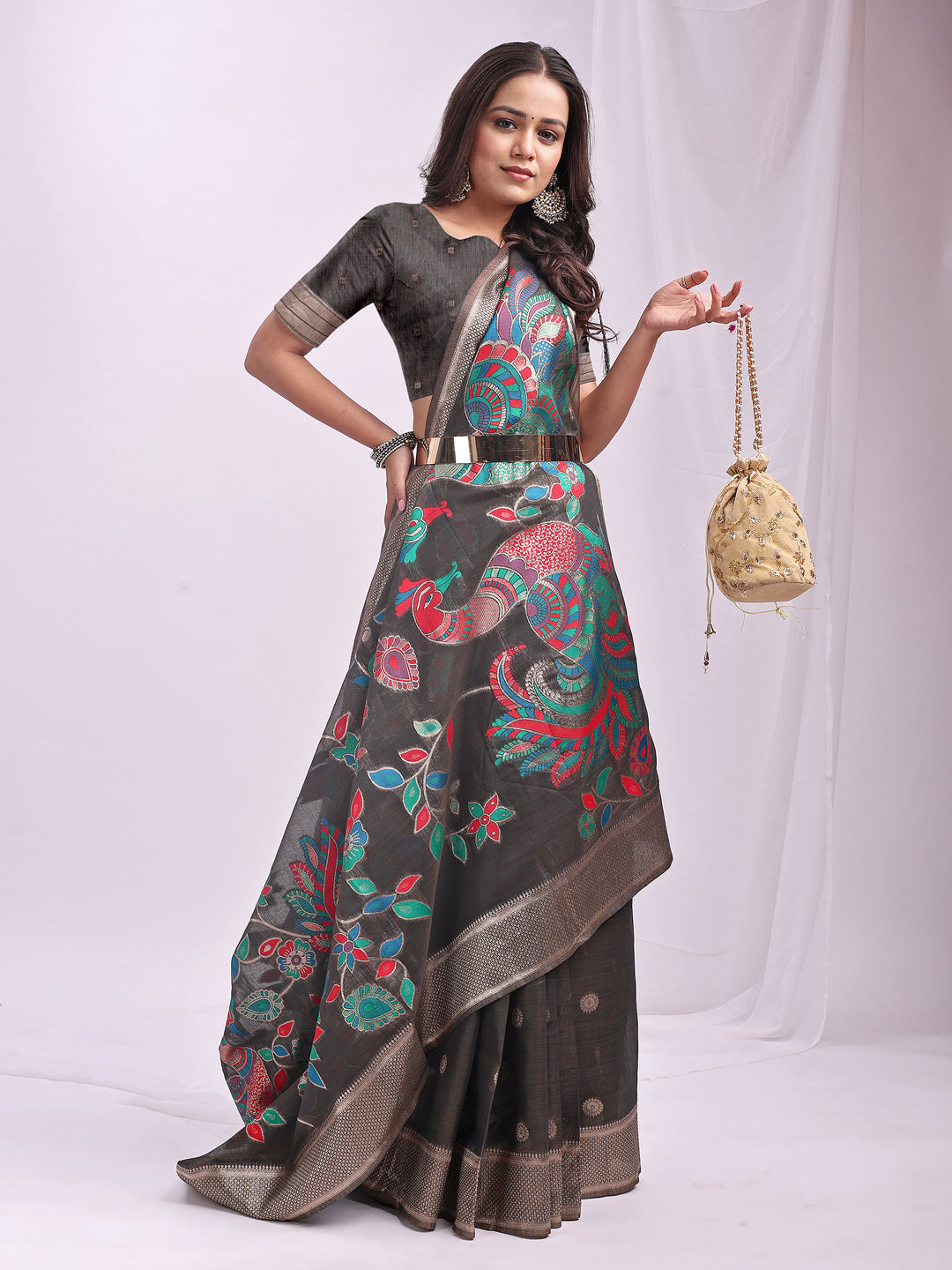 Woven Jacquard Designer Grey Linen Cotton Ceremonial Saree