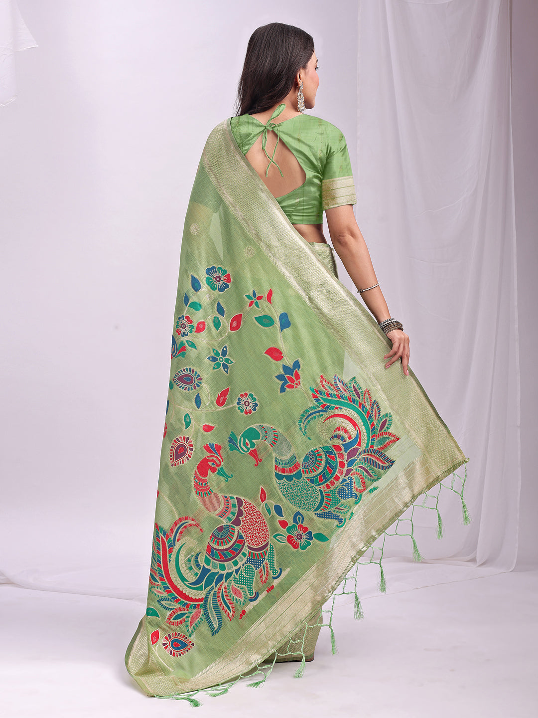 Woven Jacquard Designer Pista Linen Cotton Ceremonial Saree