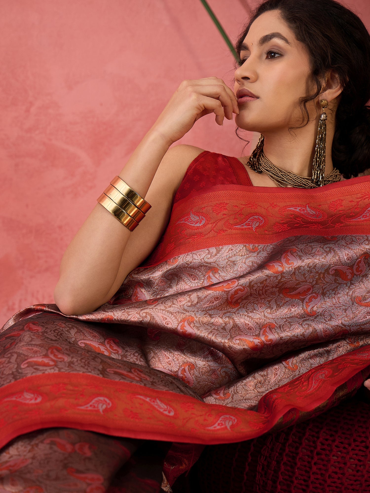 Woven Jacquard Designer Silk Blended Ethnic Partywear Ceremonial Brown Saree