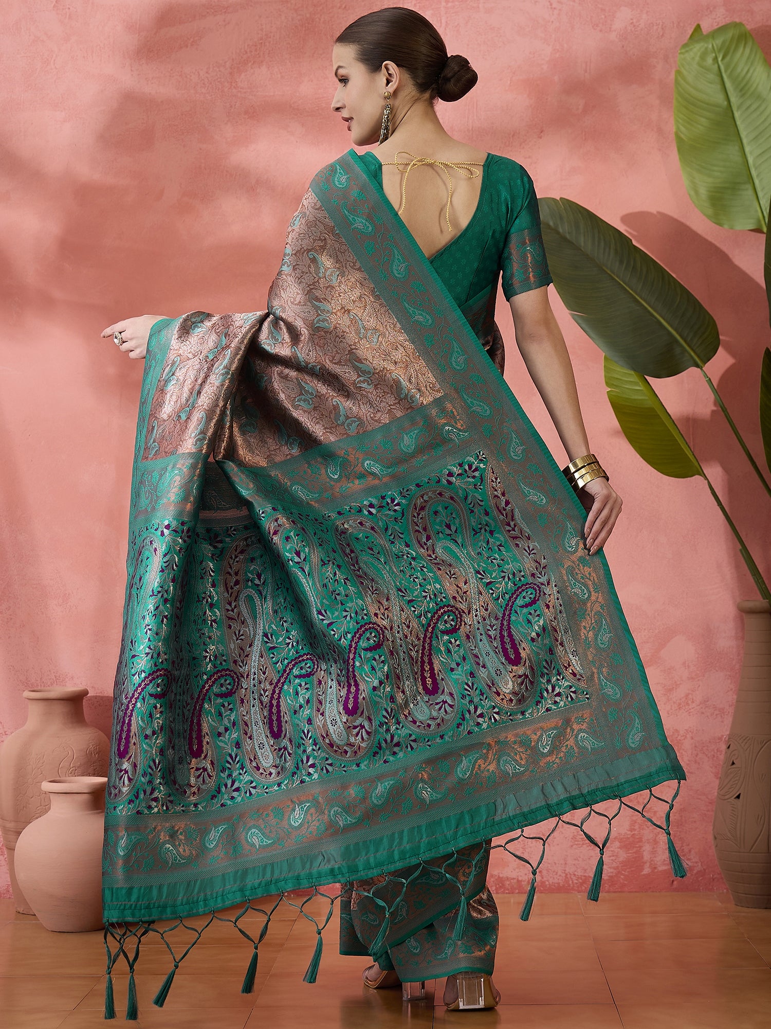 Woven Jacquard Designer Silk Blended Ethnic Partywear Ceremonial Rama Saree